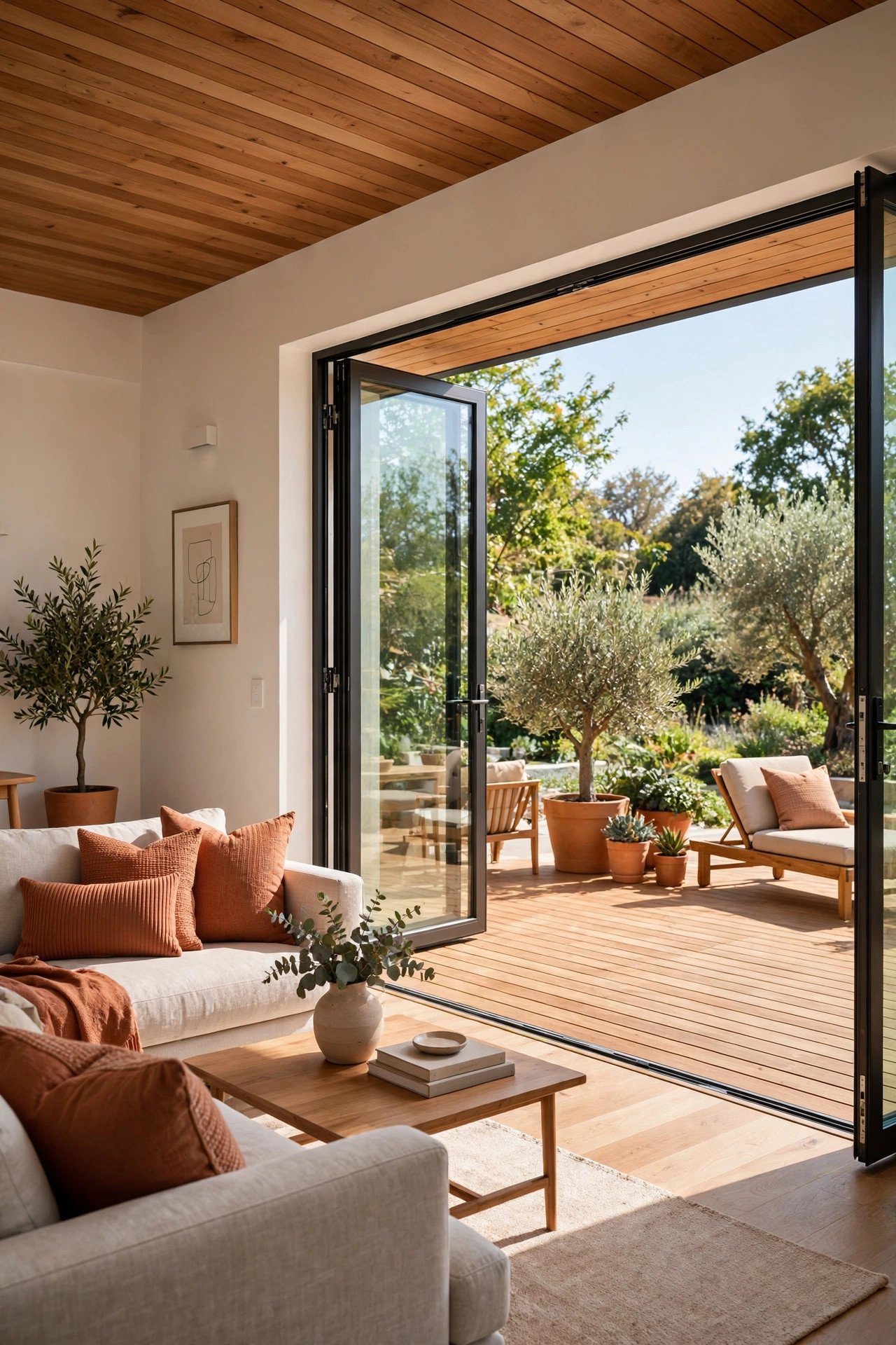 Wooden deck flowing from indoor living space through open doors