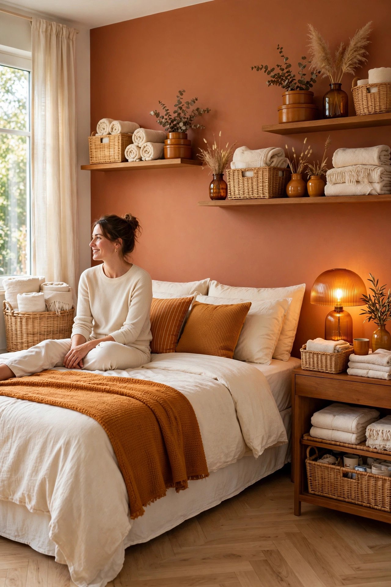 Bedroom with one painted terracotta accent wall behind the bed