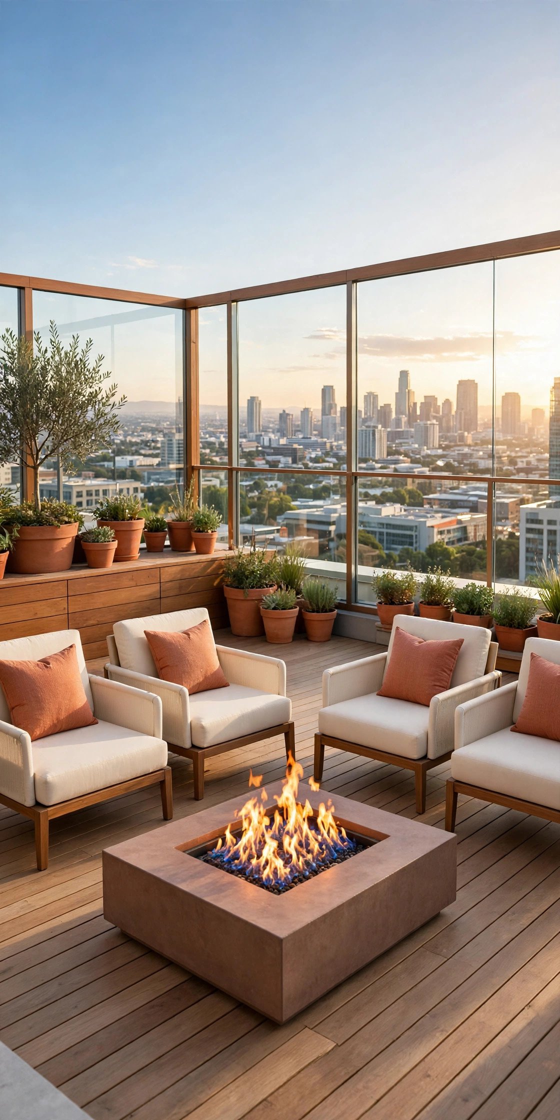 Gas fire pit on an upper deck with terracotta pillows overlooking a sunset view