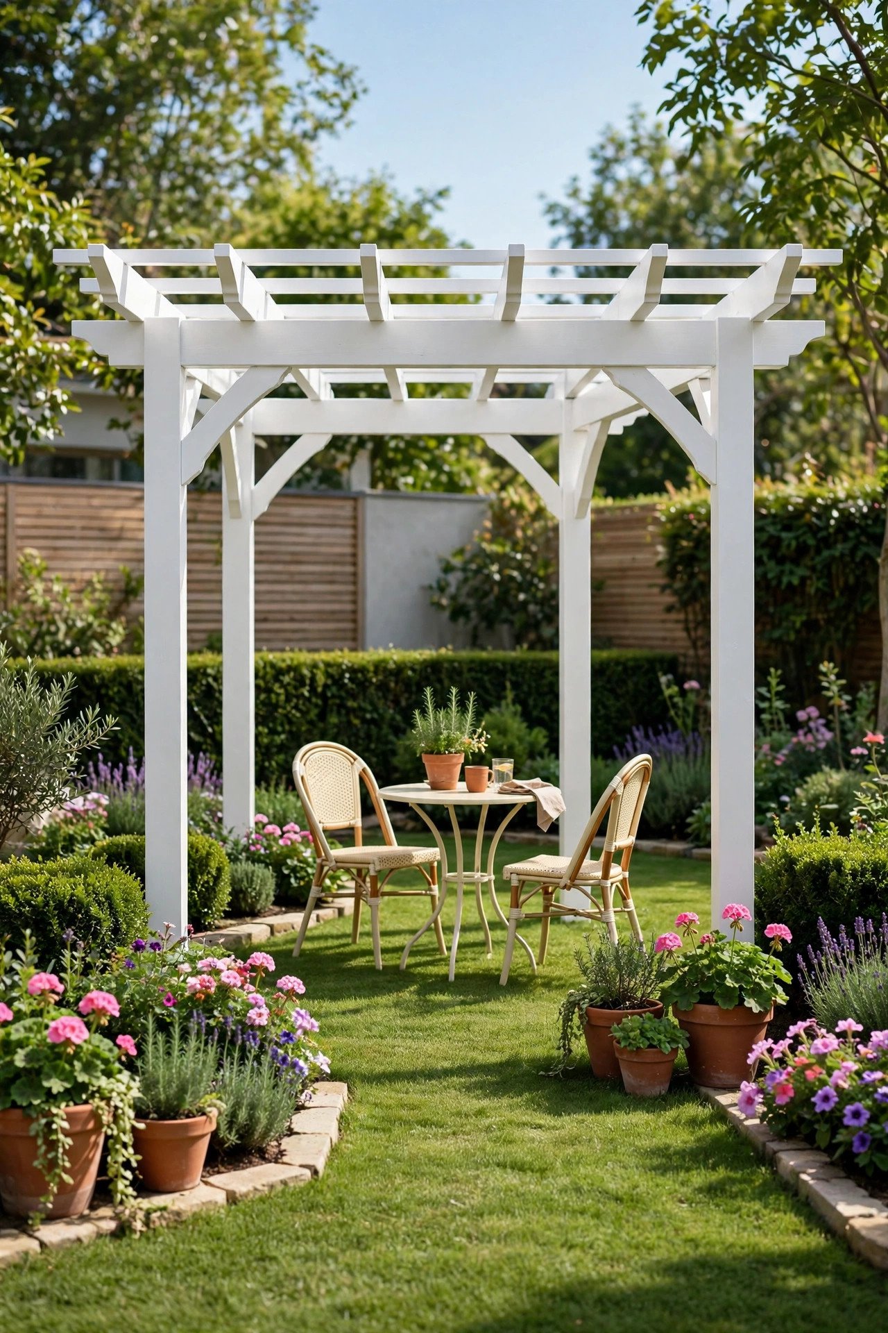 Freestanding white pergola on a green lawn with flower beds