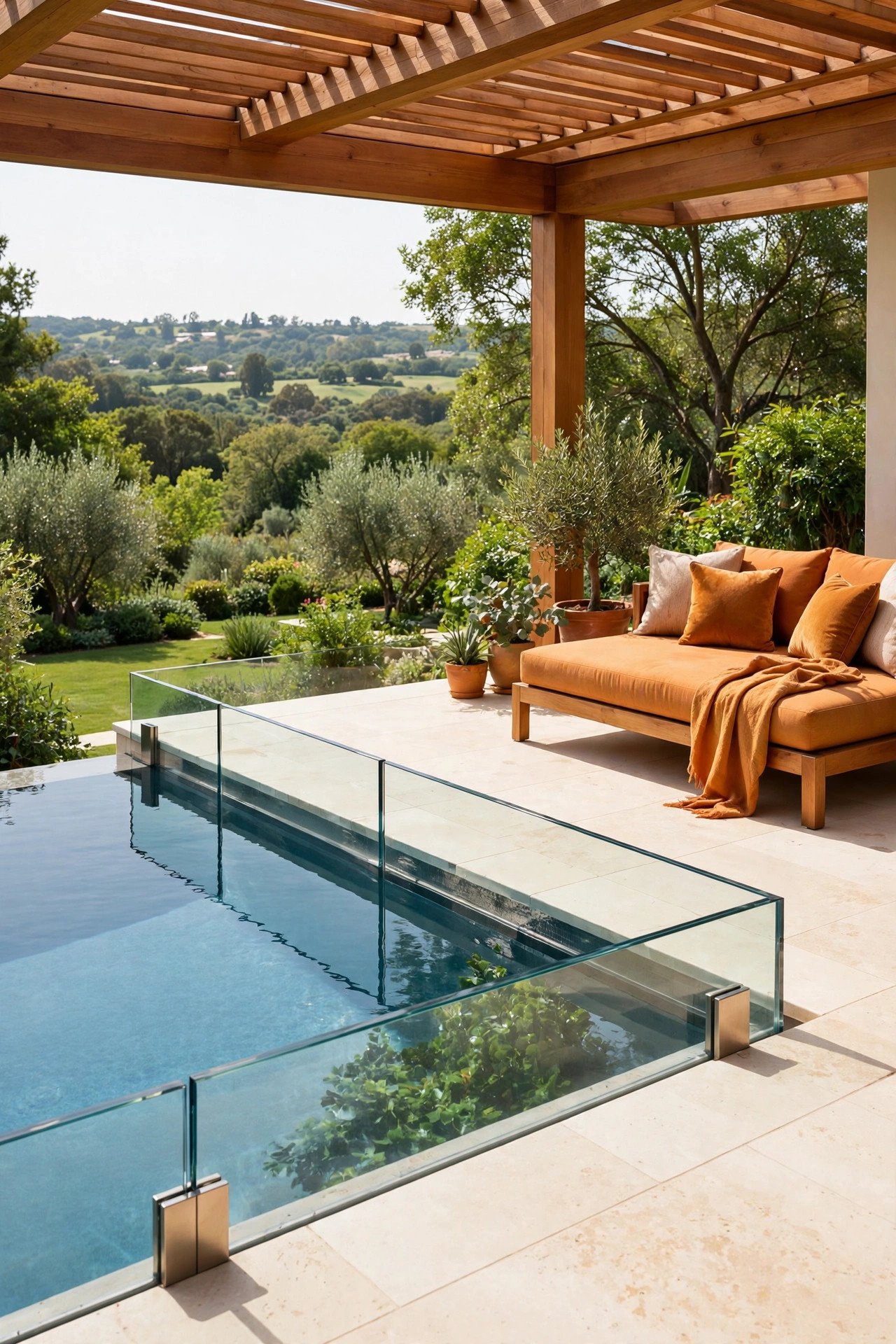 Glass-edge pool deck overlooking a garden view