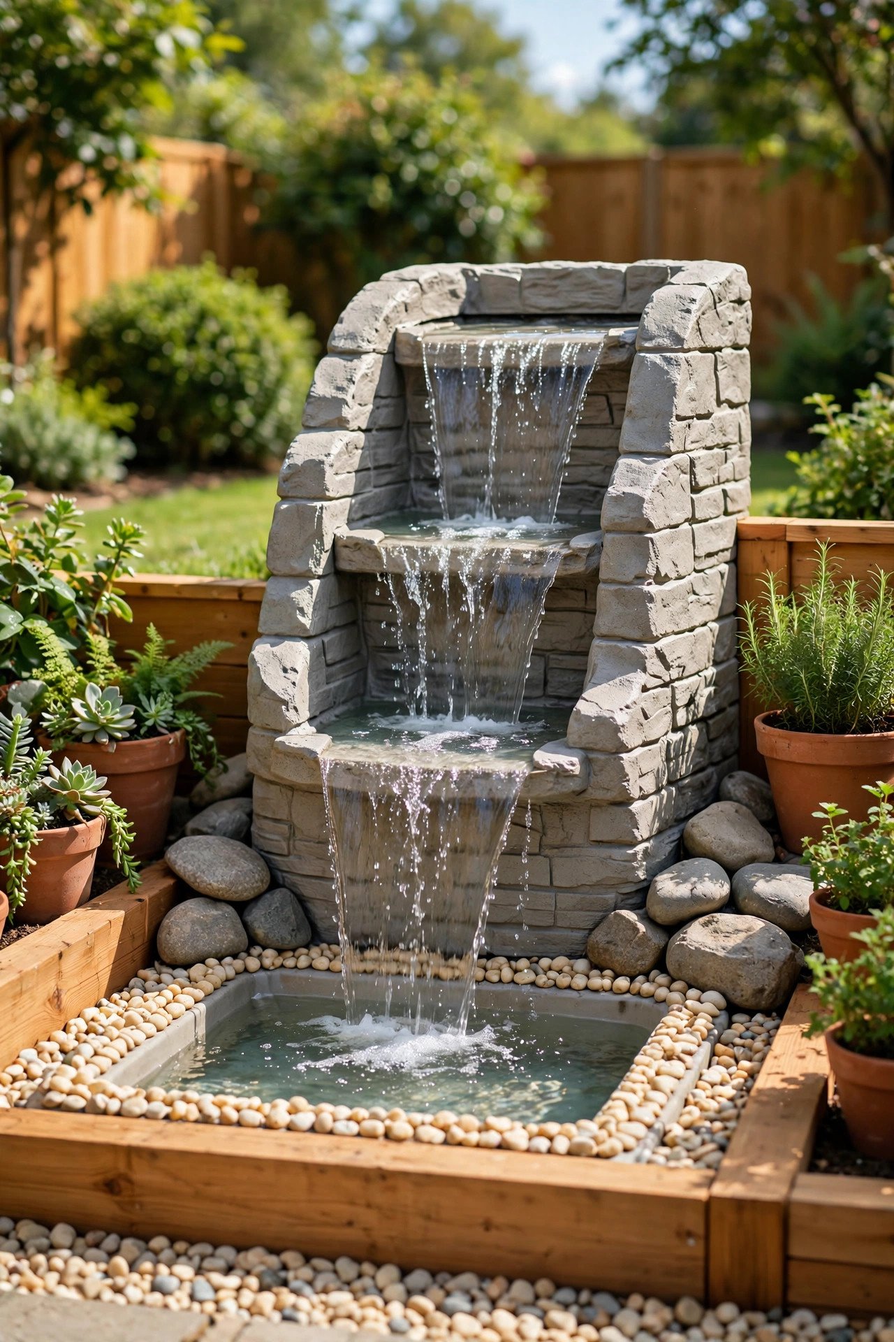 DIY waterfall kit with artificial stone in a garden