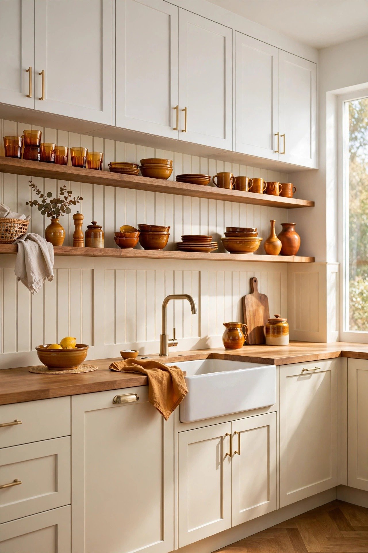 Farmhouse kitchen with board and batten panels as a backsplash behind white cabinets and open shelves