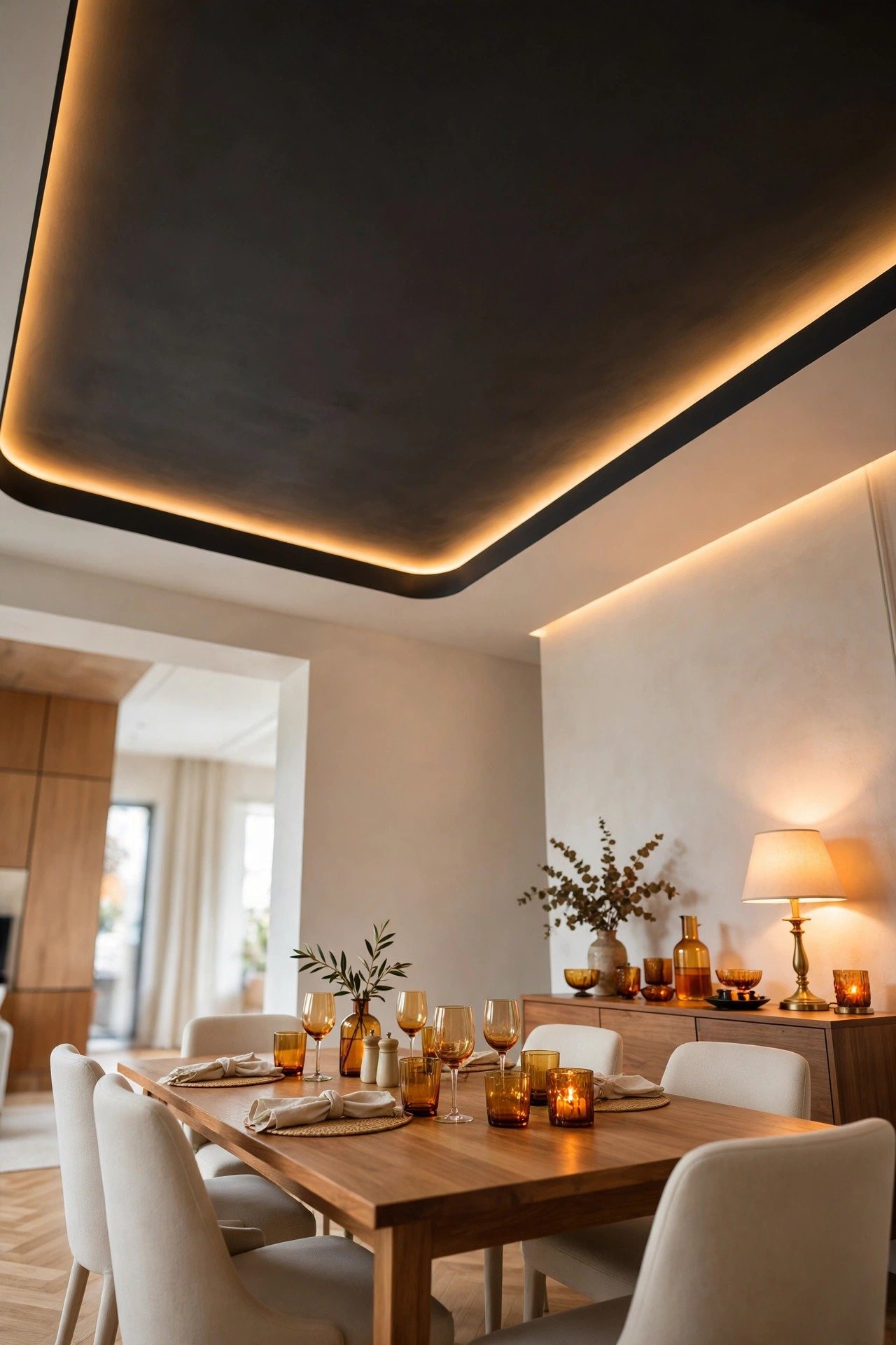 Dark dining room ceiling with warm LED cove lighting hidden in a recessed groove, glowing softly around the edges