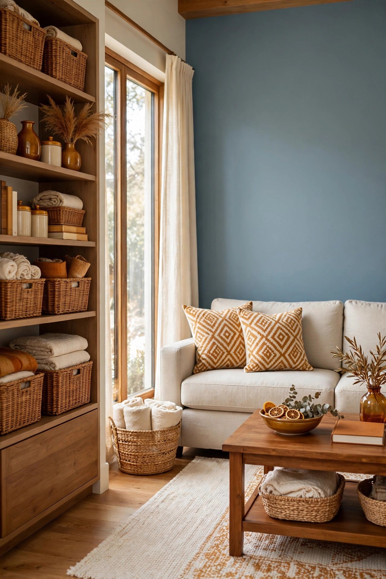 Living room with muted blue accent wall and layered neutral cushions