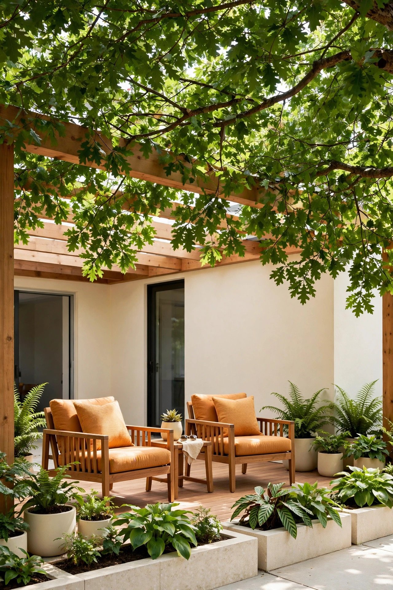 Covered patio with cream fabric canopy sails overhead