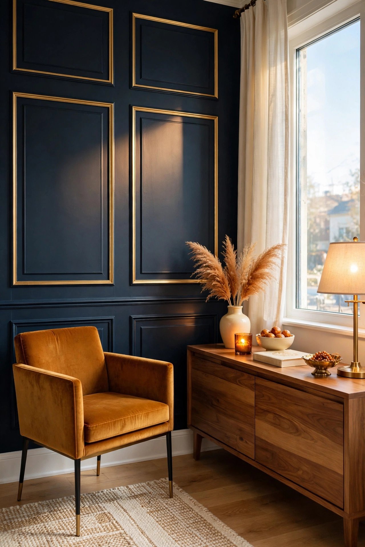 Dark midnight-blue wall panels with gold trim molding and elegant rectangular panels catching warm light