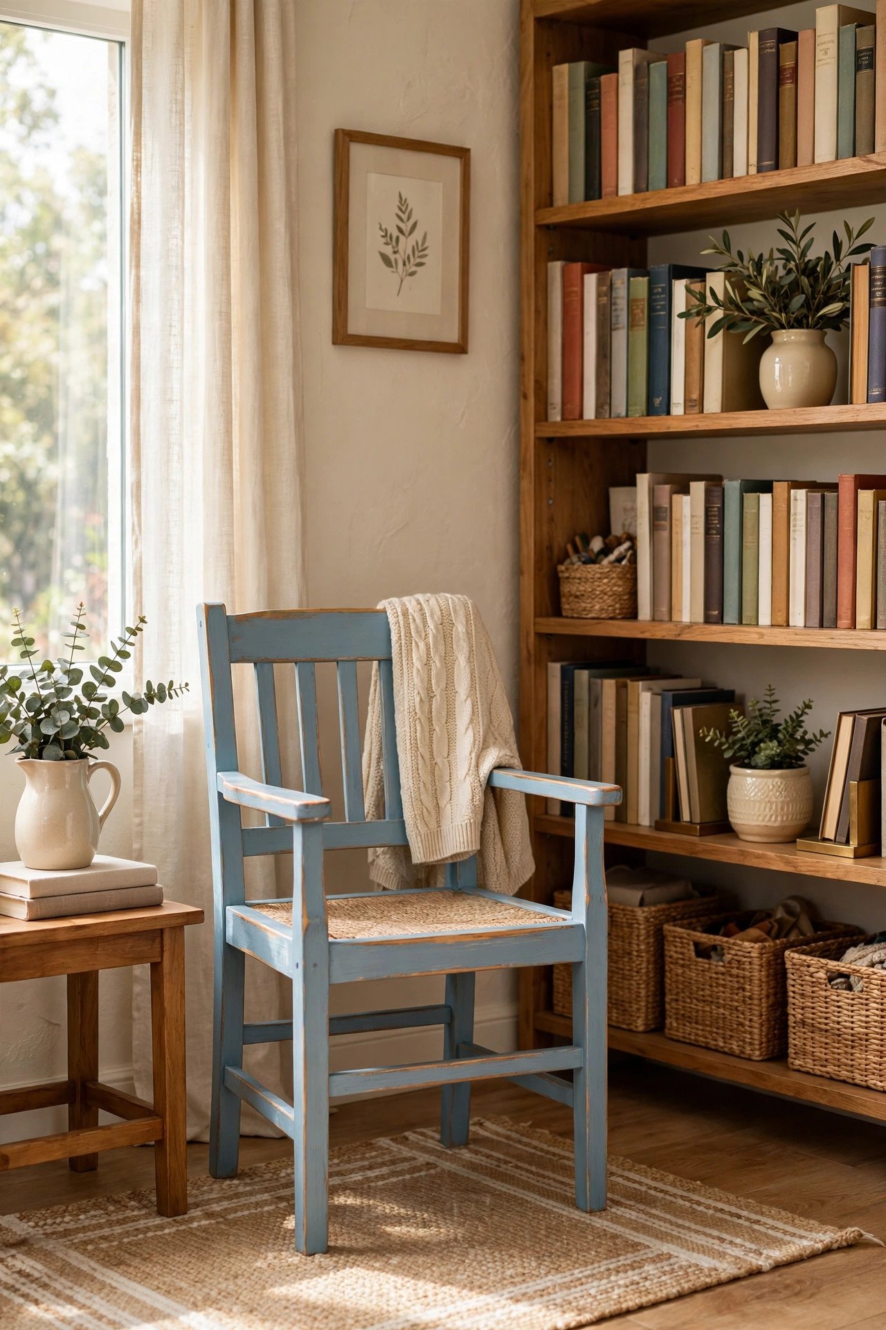 Wooden chair makeover with chalky soft blue paint and distressed edges in a reading corner