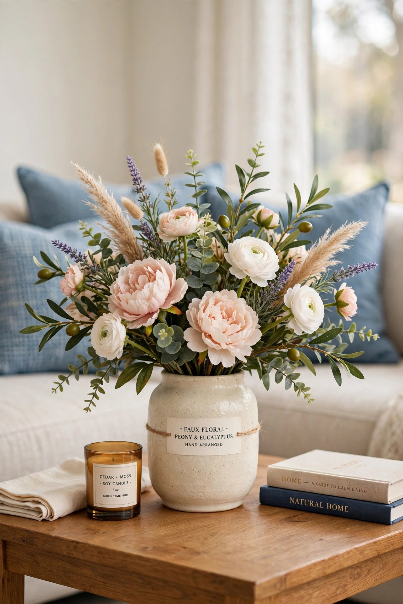 Faux flower arrangement upgrade with trimmed dollar store stems in a cream ceramic vase in soft blue tones
