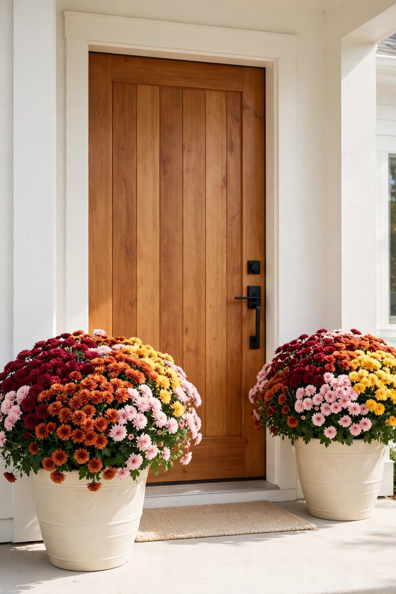 Matching planters filled with blooming burgundy, orange, and yellow mums beside a front door