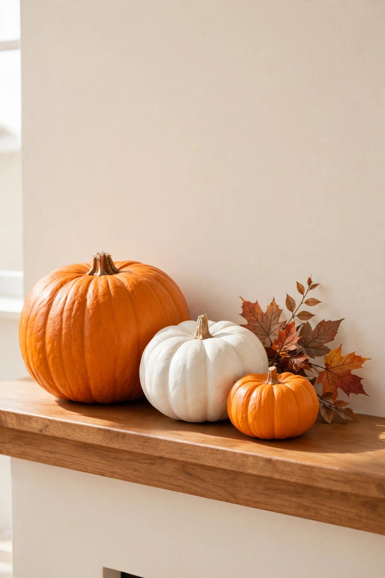 Three pumpkins in mixed finishes, orange, rust velvet and chalky white, clustered close together on a wooden mantel