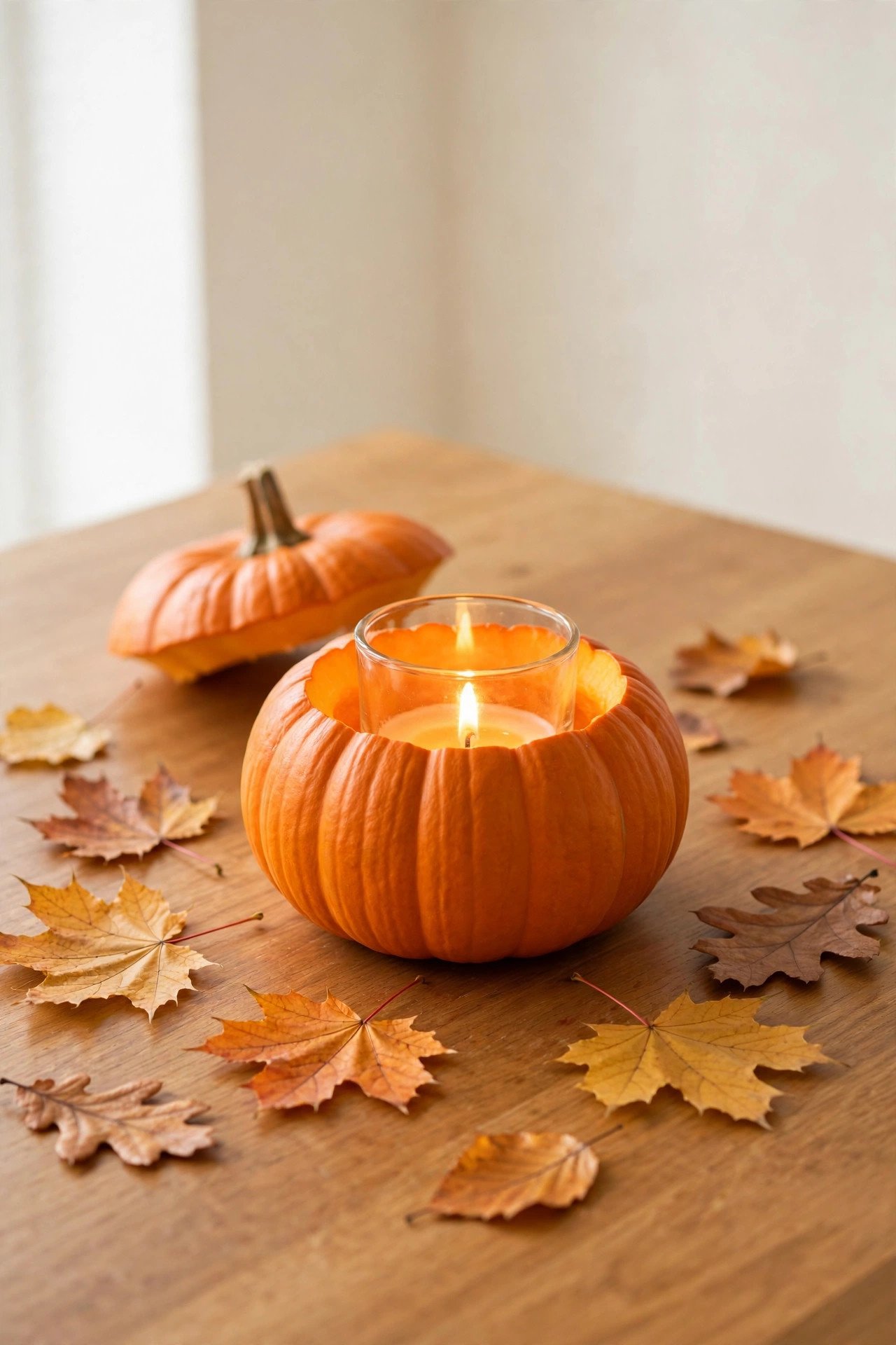 A hollowed pumpkin glowing with a candle inside on a fall table