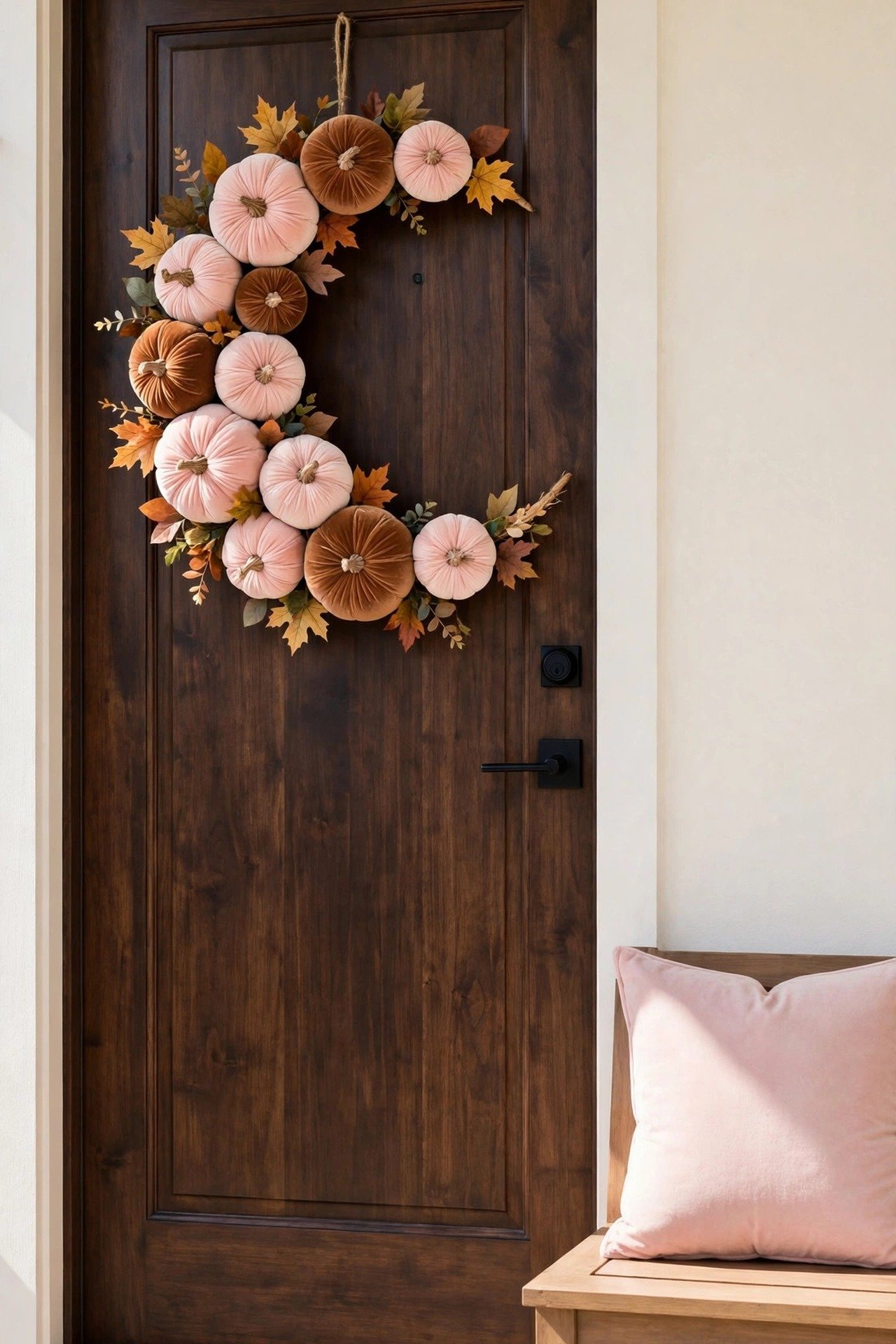 Soft crescent wreath of blush and cinnamon velvet pumpkins with autumn leaves on a dark wooden door