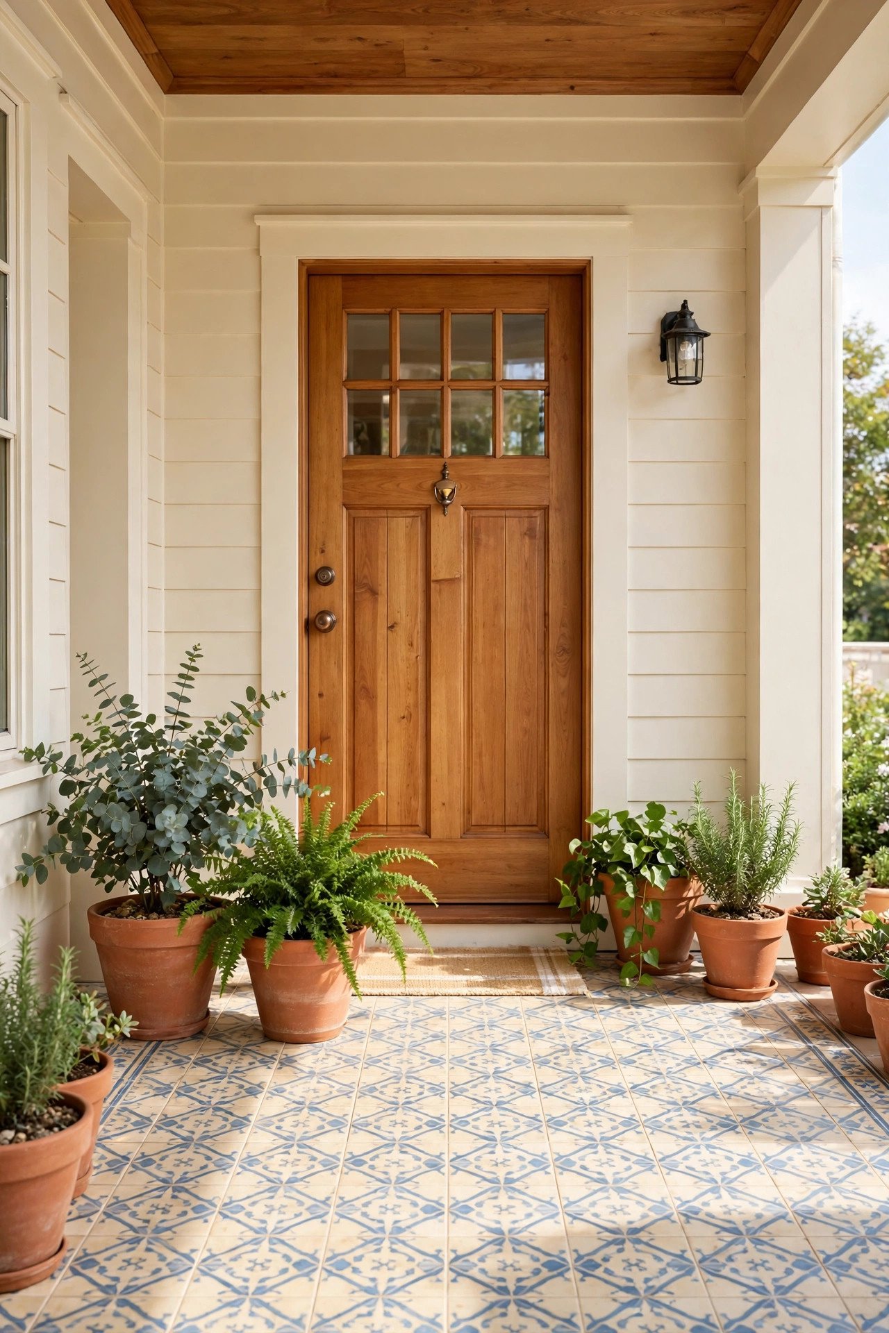 Front porch with patterned ceramic tile flooring and terracotta pots