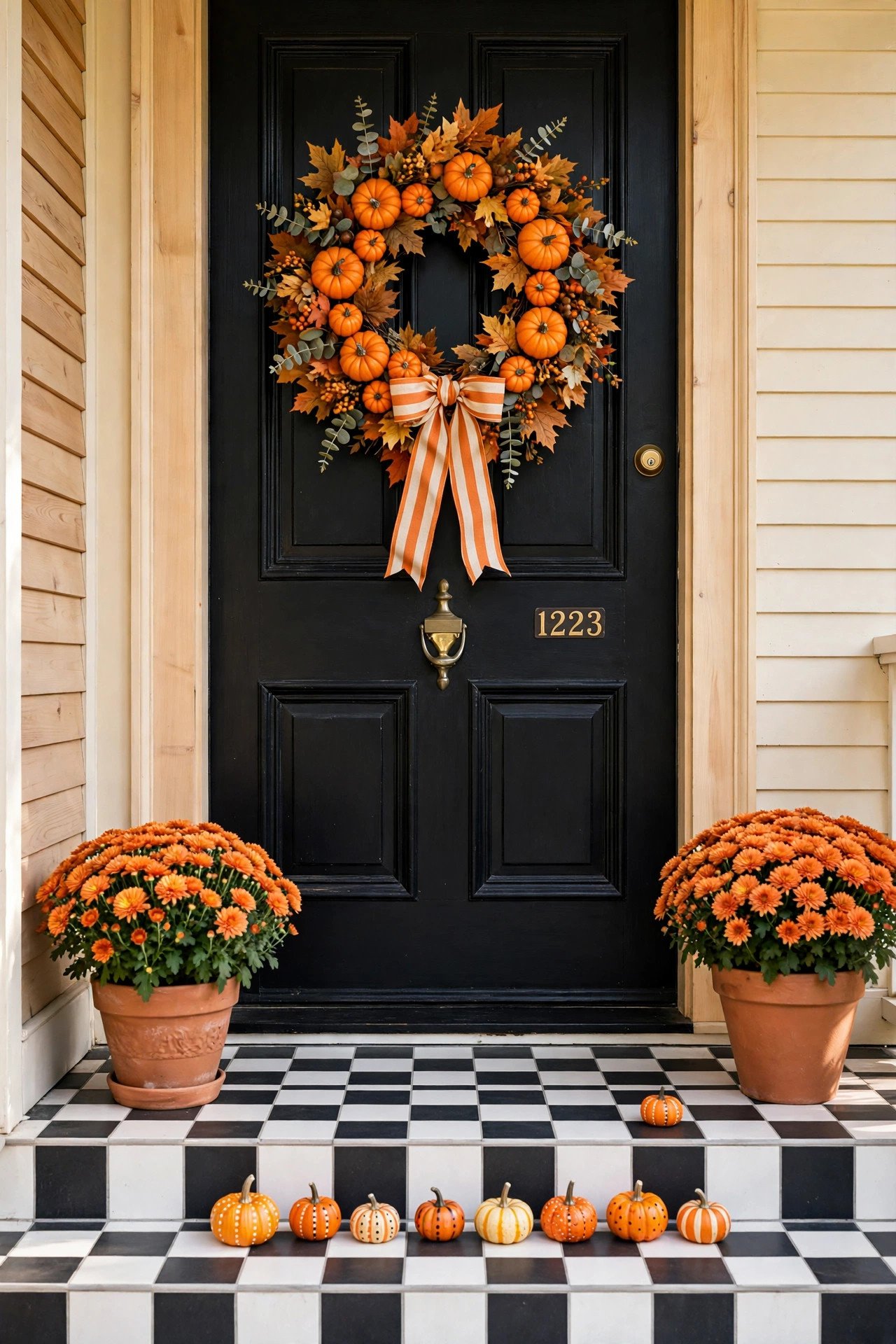 Black door with a pumpkin wreath, tiny hand-painted pumpkins on checkered steps