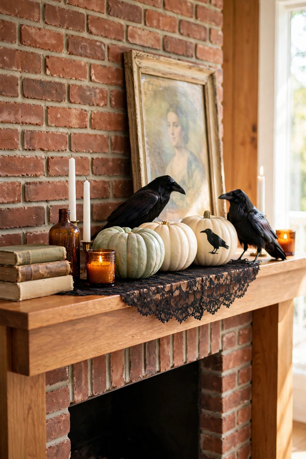 Brick fireplace mantel with pale green pumpkins, ravens and antique candles