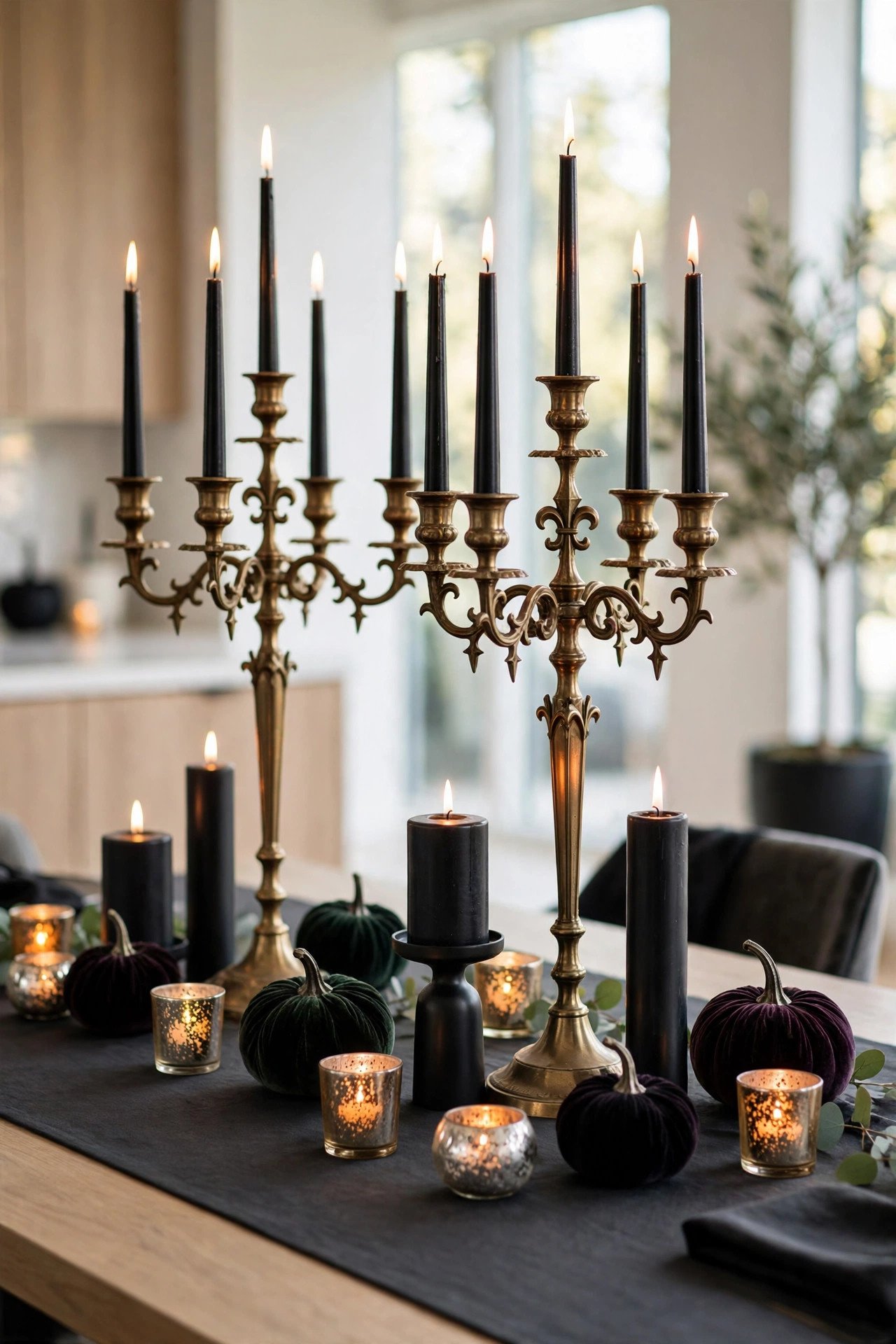 Tall brass candelabras with flickering black taper candles on a Halloween dinner table