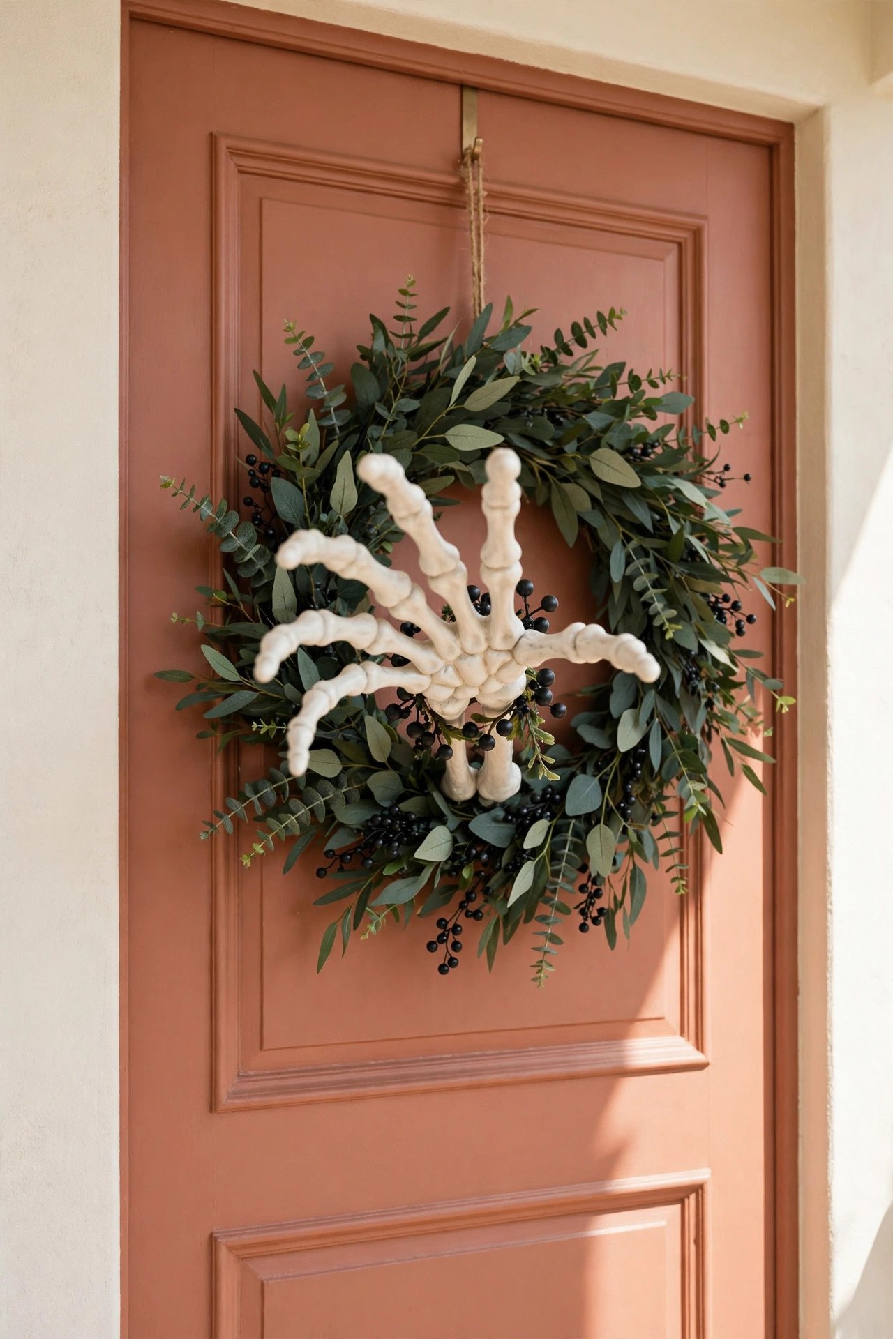 Halloween wreath with a skeleton hand reaching forward from dark green foliage