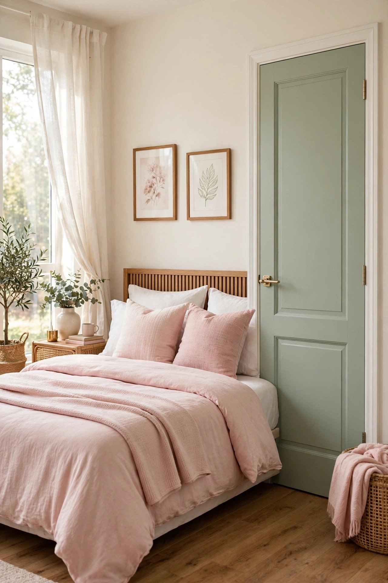 Soft sage green interior door bringing calm natural color to a bedroom