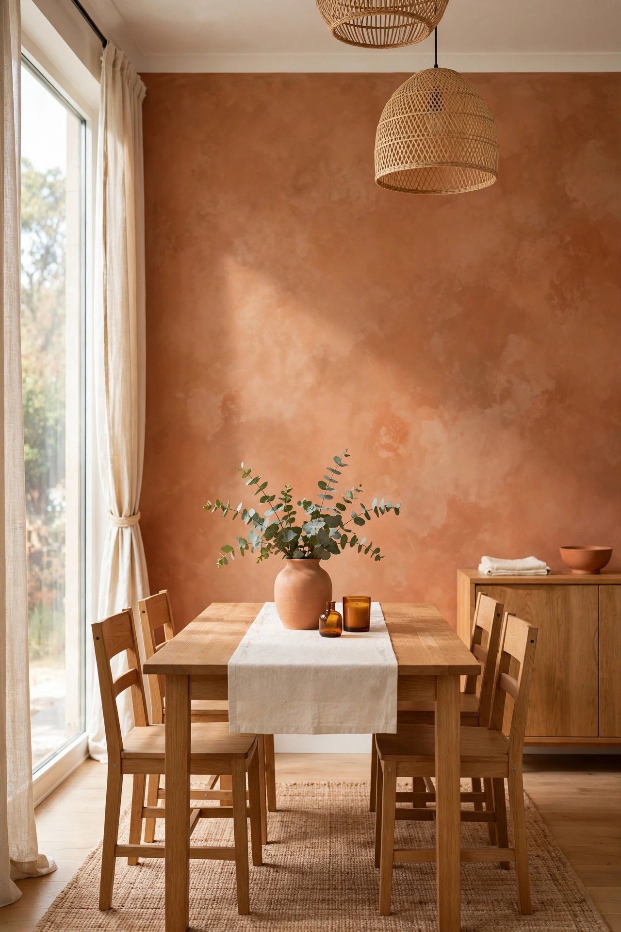 Terracotta limewash wall with warm cloudy finish in a dining room with wooden table
