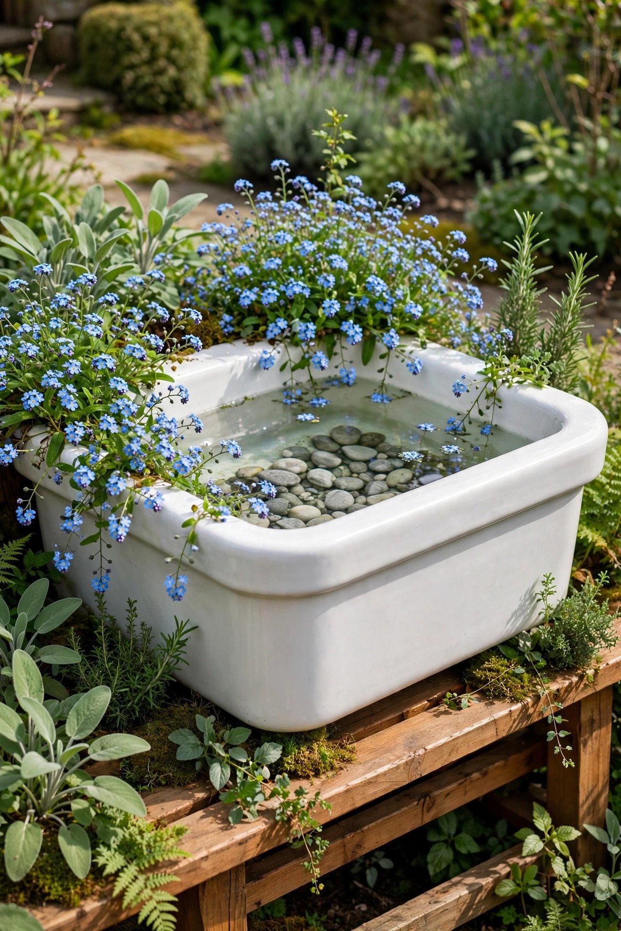 Belfast sink mini pond with blue water forget-me-nots