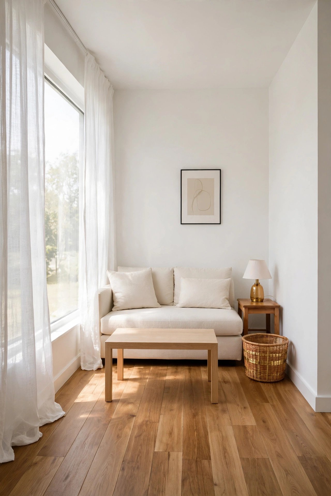 Light color palette in a narrow living room with white and soft beige tones stretching the space visually