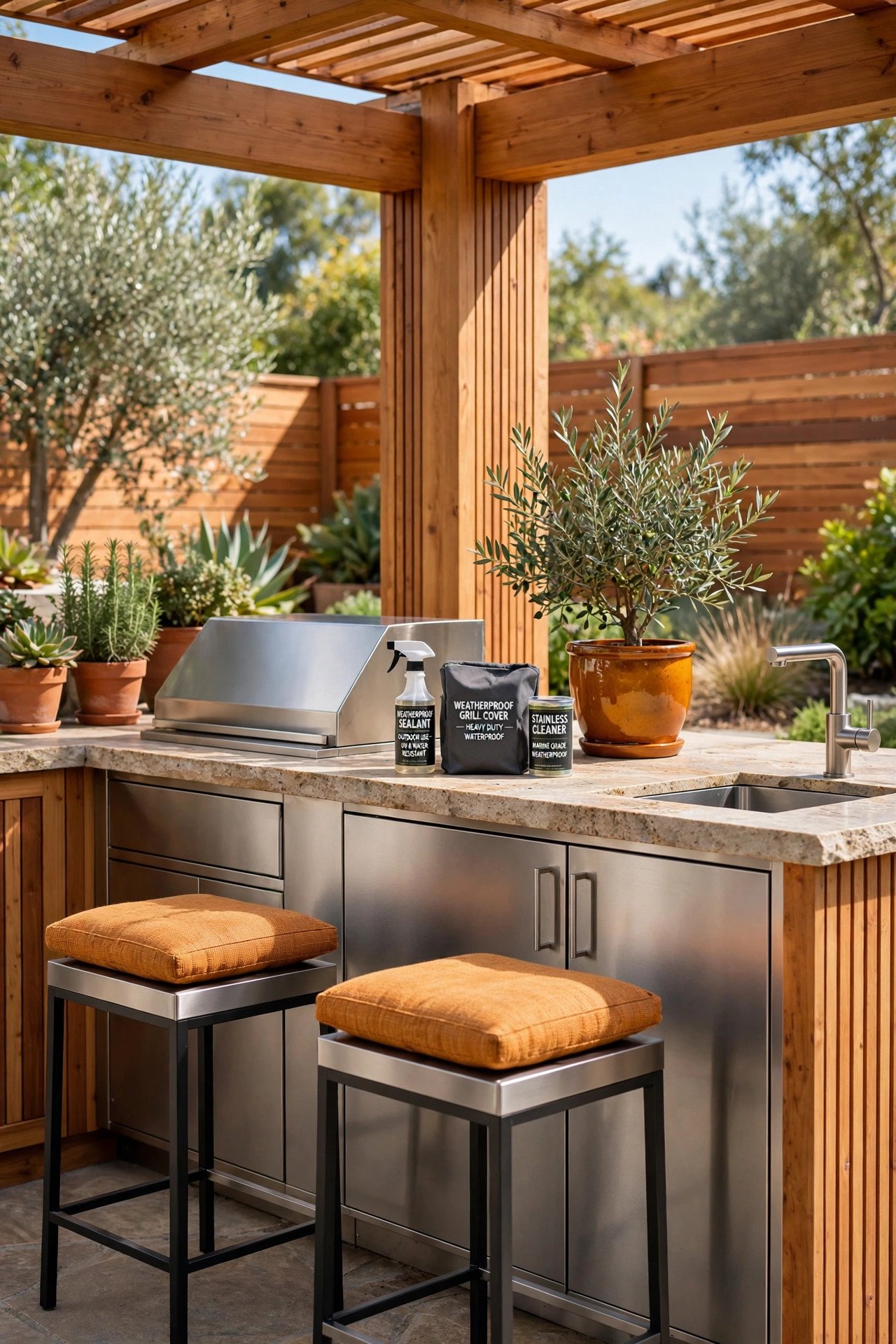 Outdoor kitchen built with stainless steel cabinets and a natural stone countertop