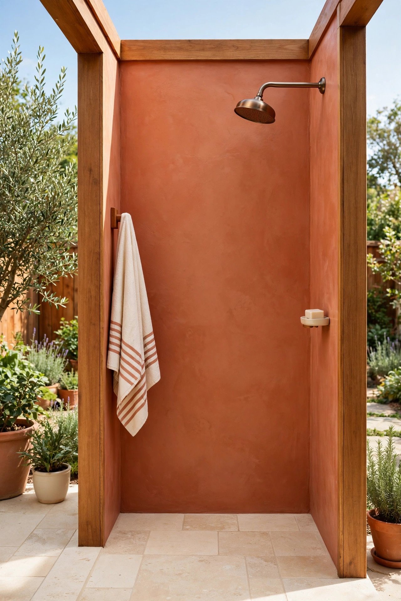 Outdoor shower with a bright terracotta painted wall and cream floor in daylight