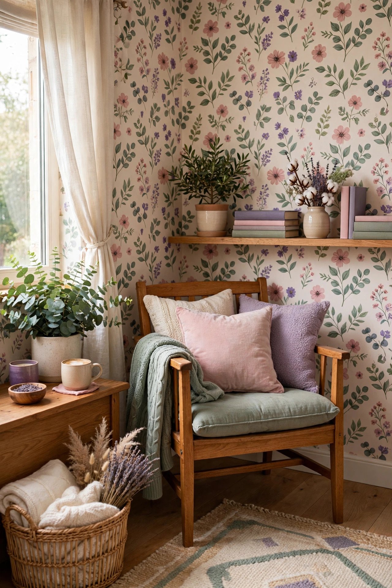 Whimsical floral peel and stick wallpaper in muted pink and green in a reading nook