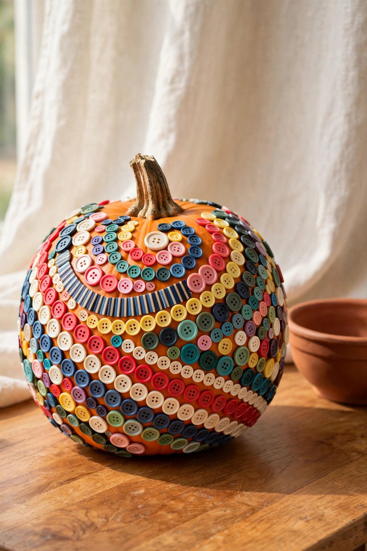 Pumpkin completely covered in colorful buttons arranged in swirls and stripes