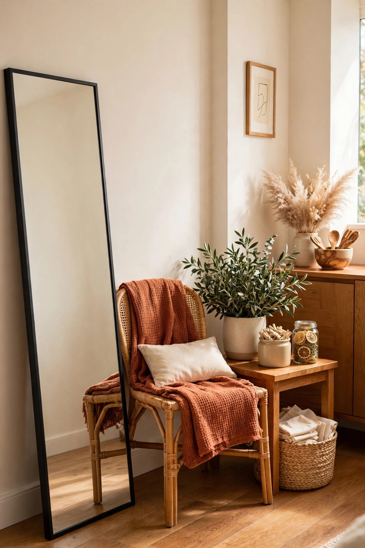 Large leaner mirror with a black frame against a wall in a small apartment in terracotta tones