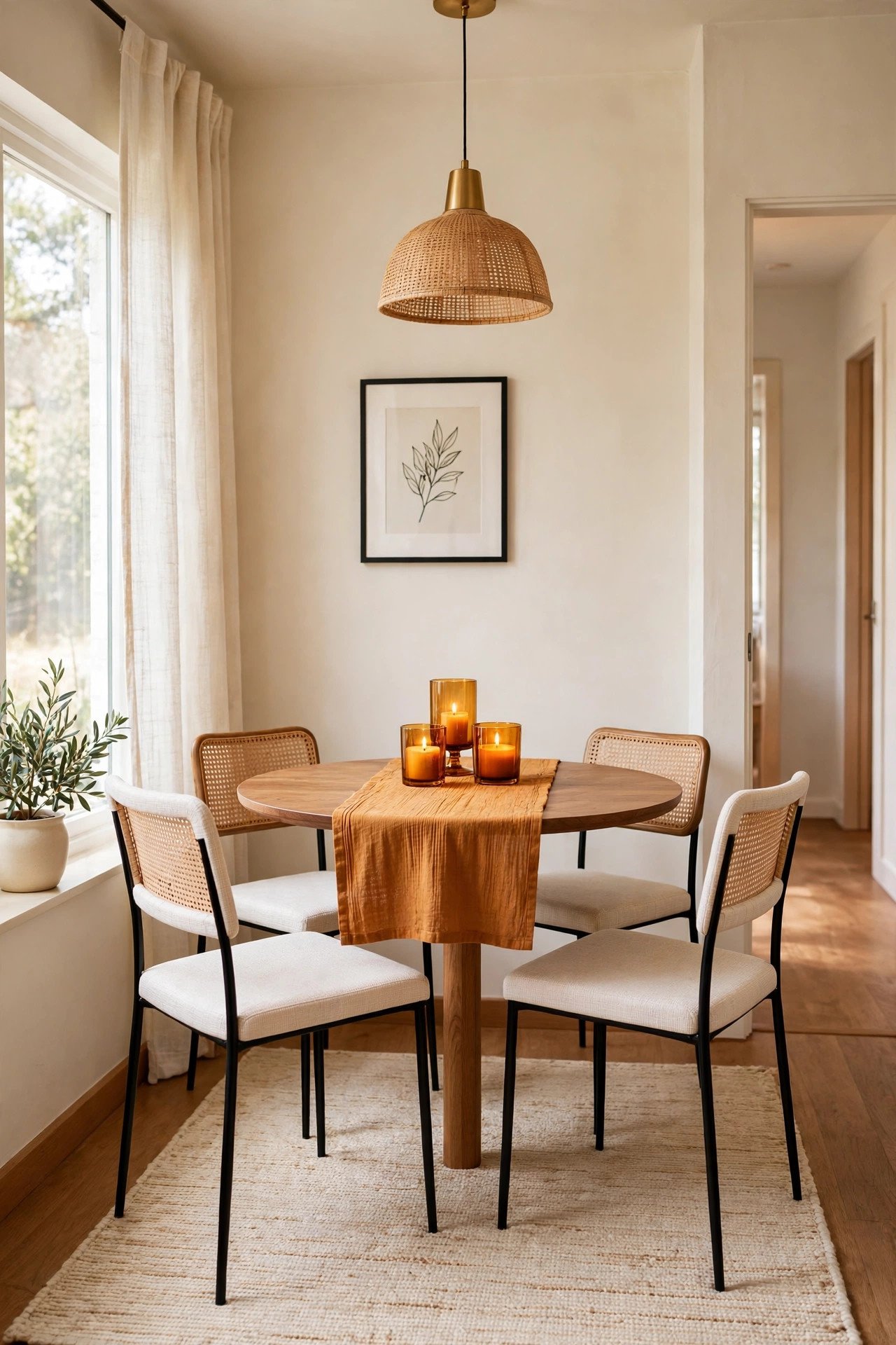 Round dining table layout idea for a small dining room showing smooth traffic flow around a compact pedestal table