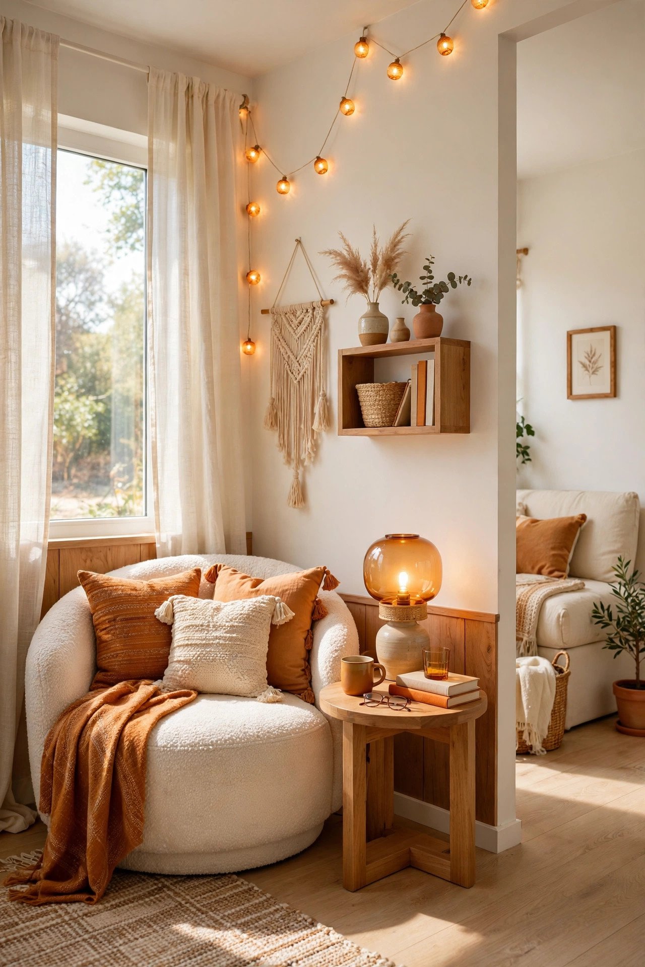 Boho reading corner layout in a small guest room with a cozy armchair, soft lamp, pillows, and string lights