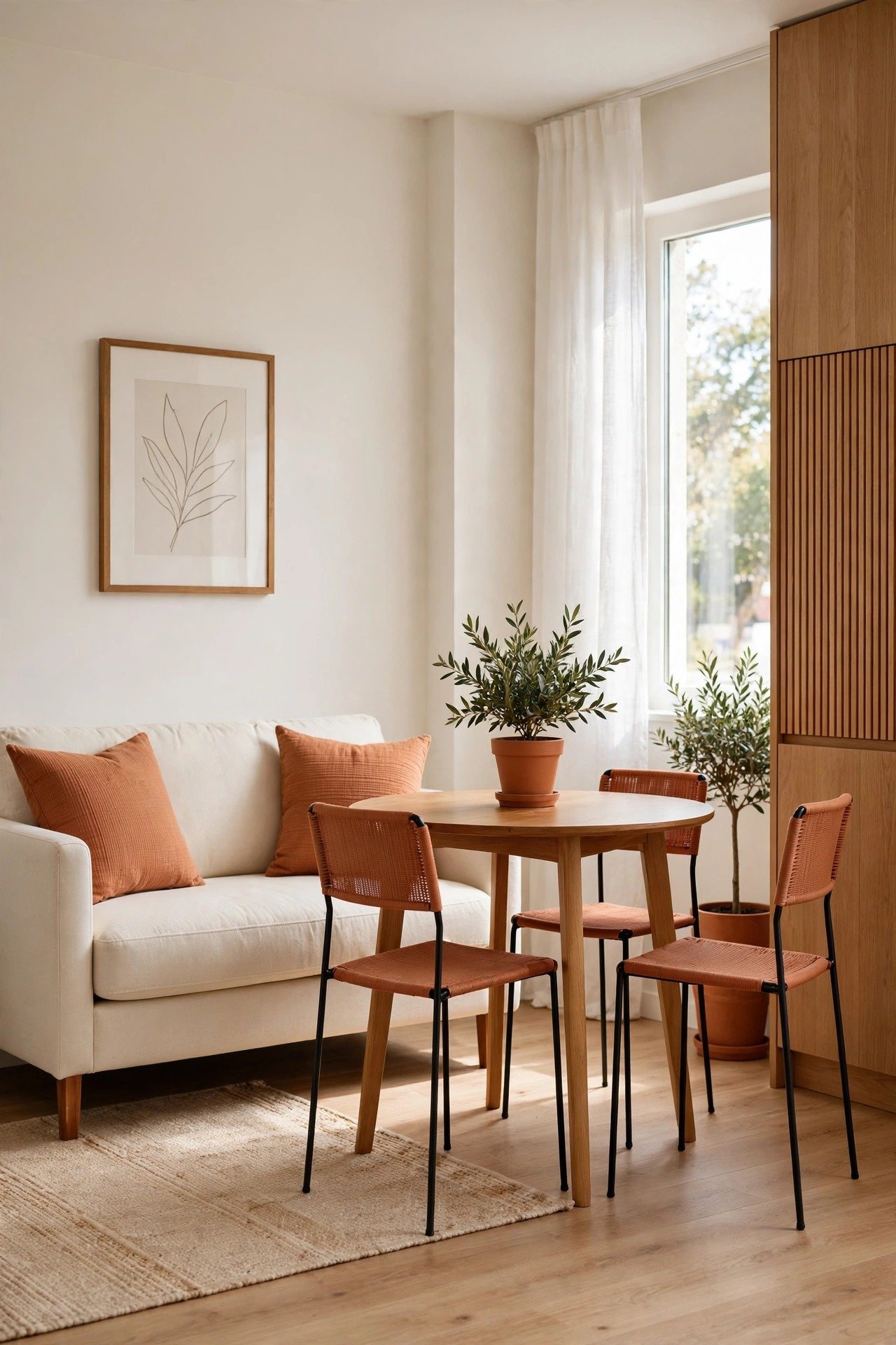 Small living dining combo with a round dining table and armless chairs saving space beside a compact sofa