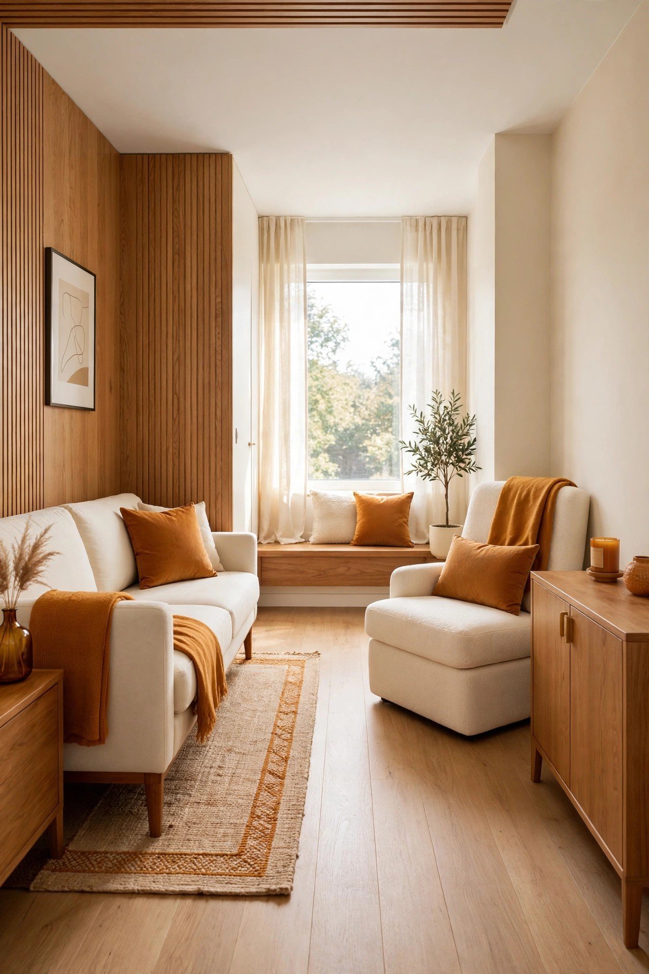 Small living room layout ideas with seating pushed against the walls and a clear walking path through the center
