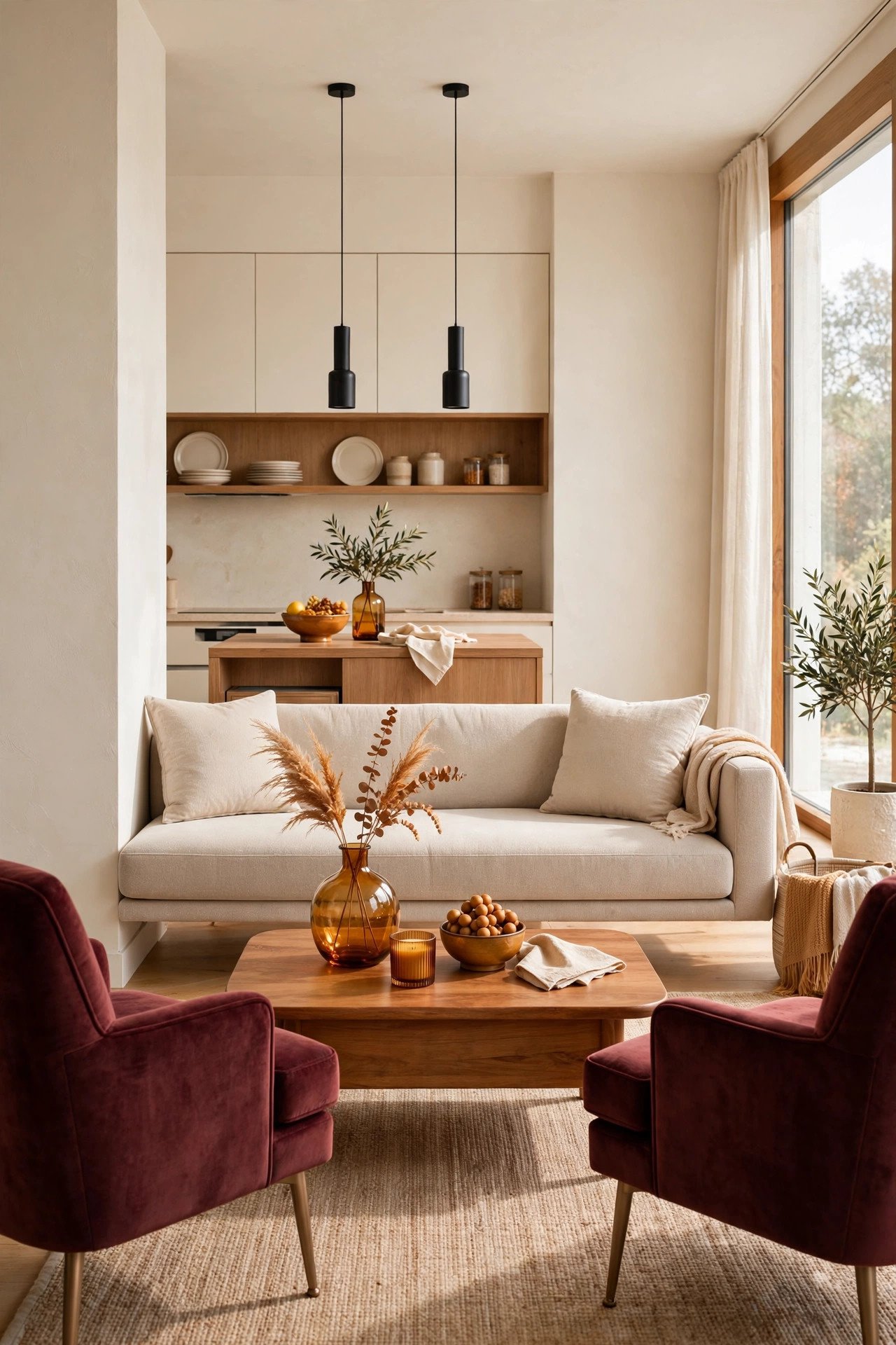 Modern taupe small open plan living room with burgundy velvet accent chairs and a tailored minimalist layout
