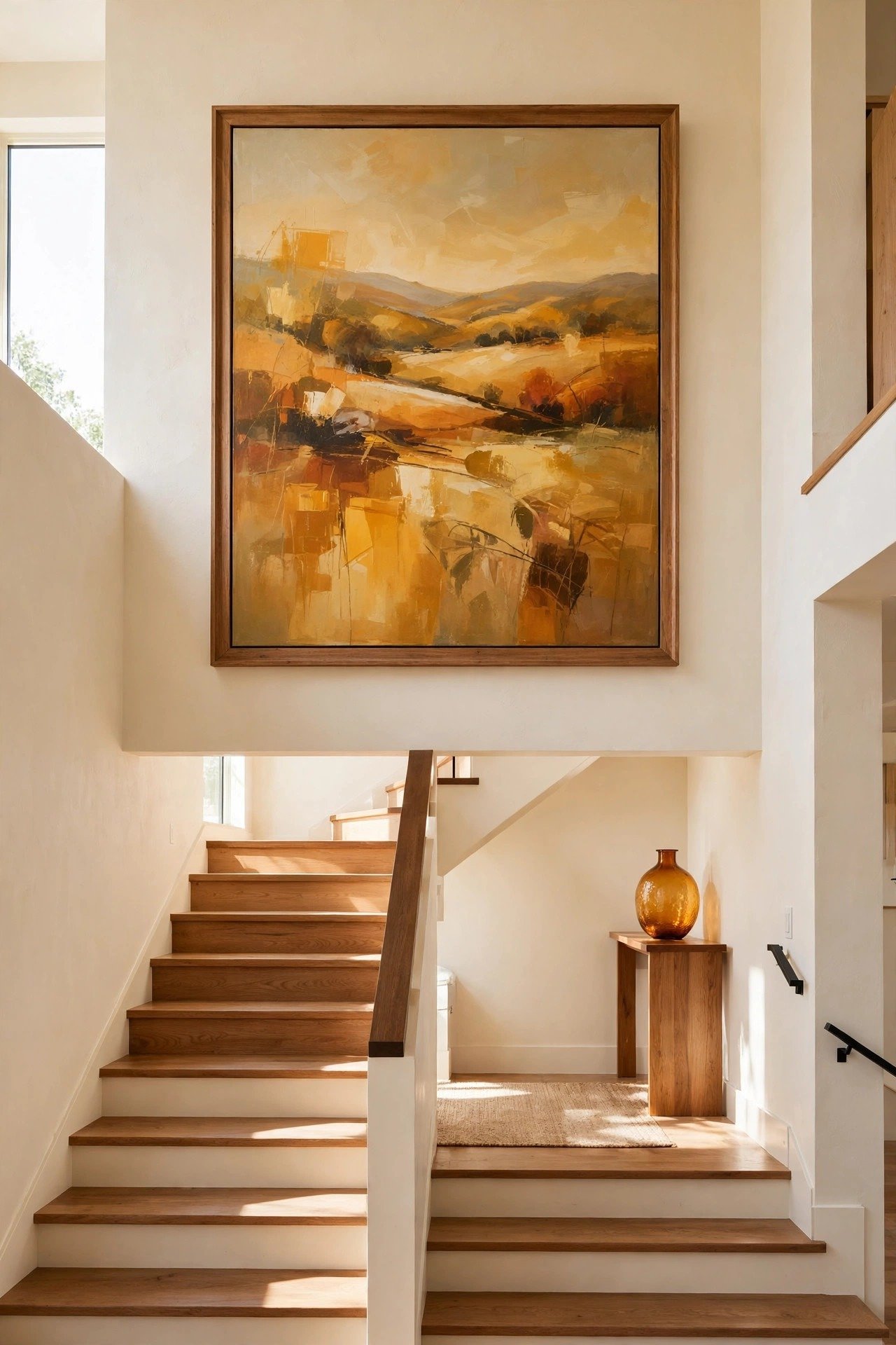 Oversized statement artwork hanging on a tall staircase wall