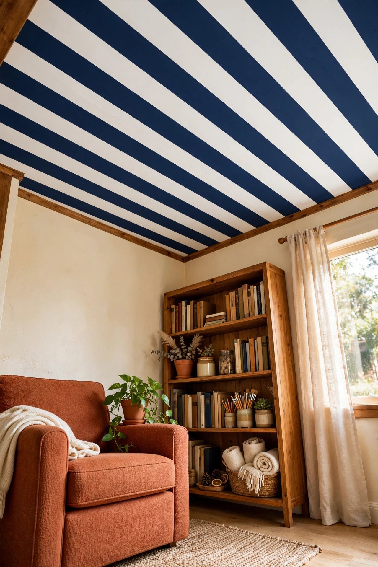 Bold high contrast navy and white striped ceiling in a small reading nook with terracotta accents