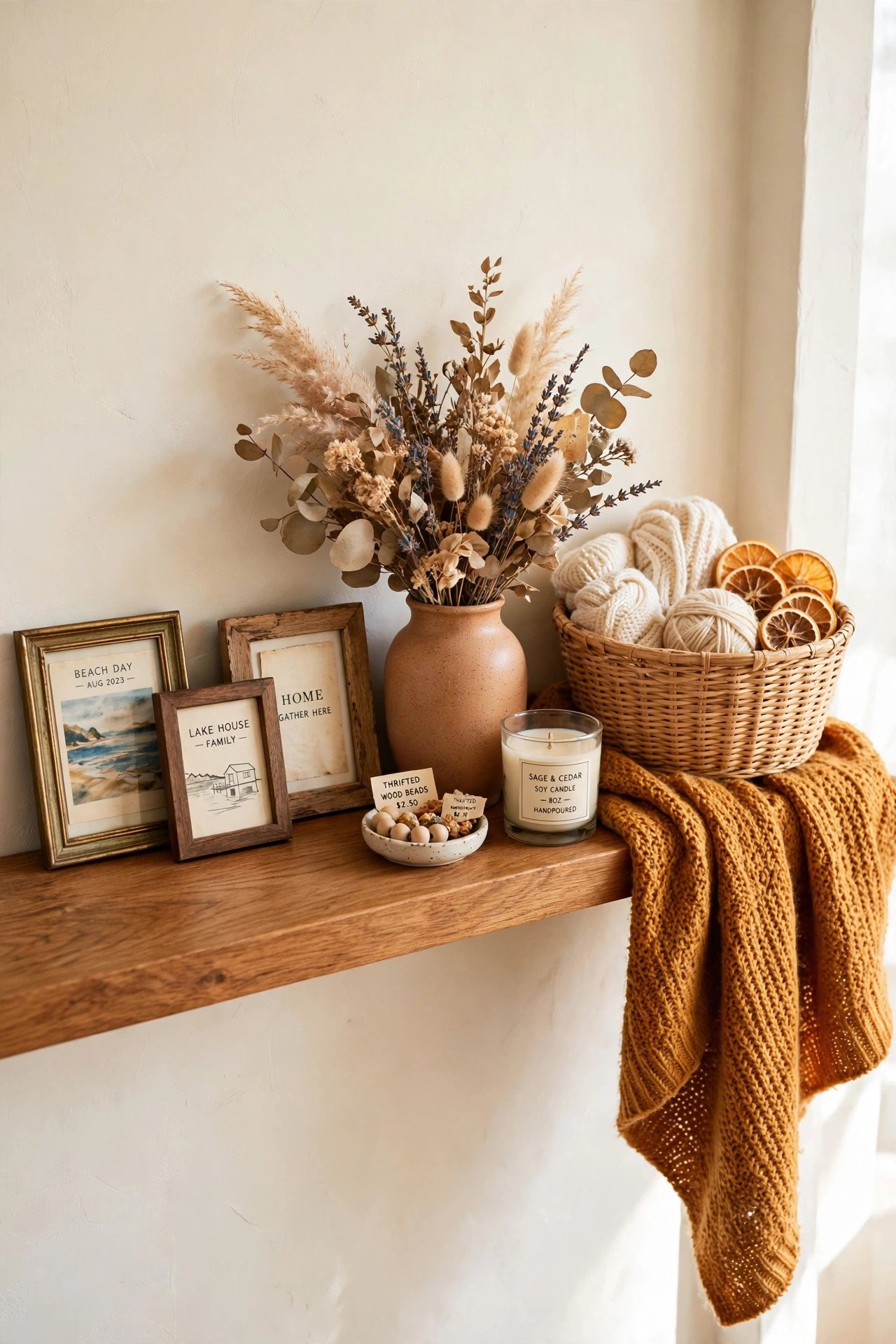 Eclectic thrifted display with mixed frames, a ceramic vase and a woven basket on a wooden shelf