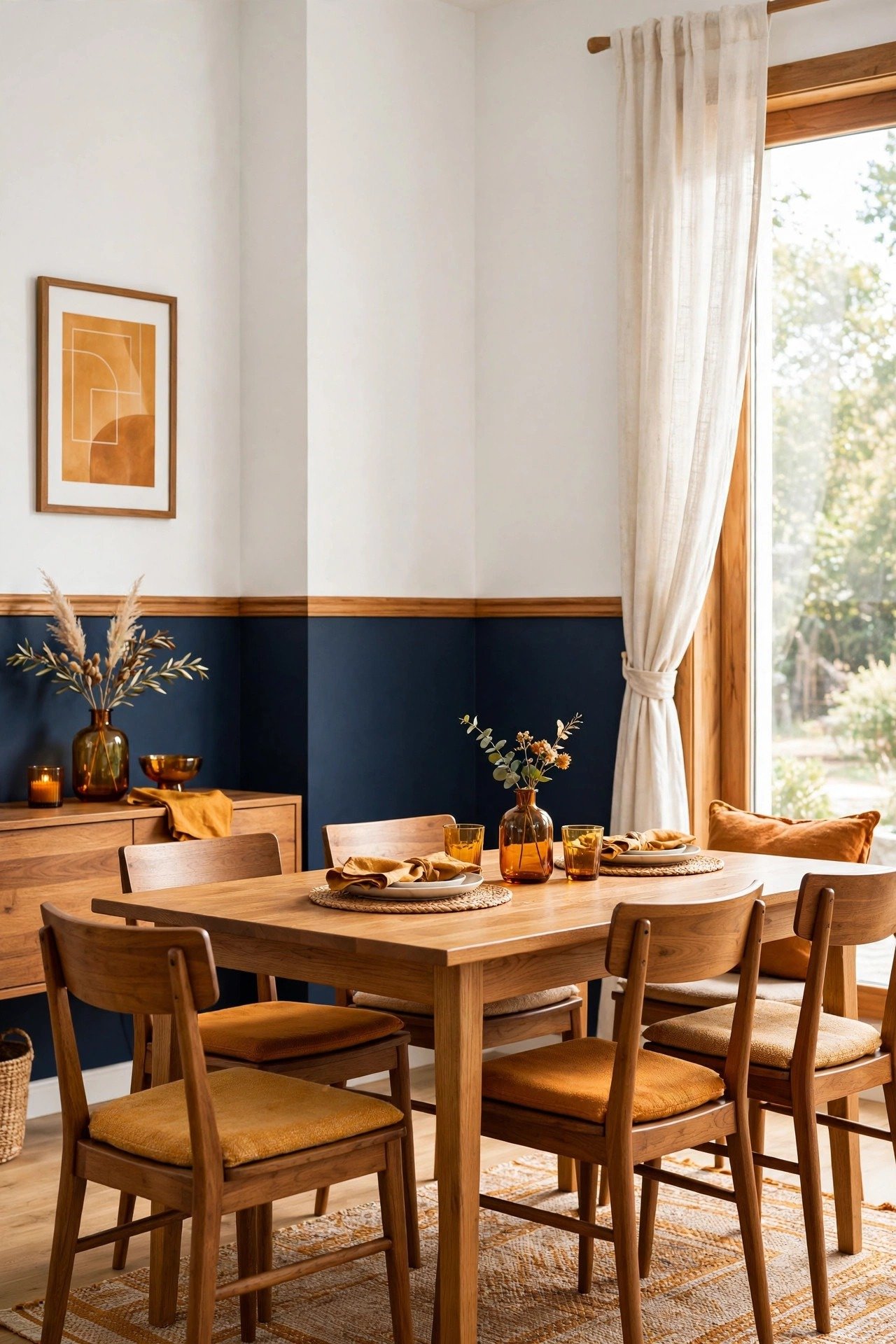 Navy blue and white two tone wall paint ideas with dark navy lower walls and bright white upper walls in a dining room