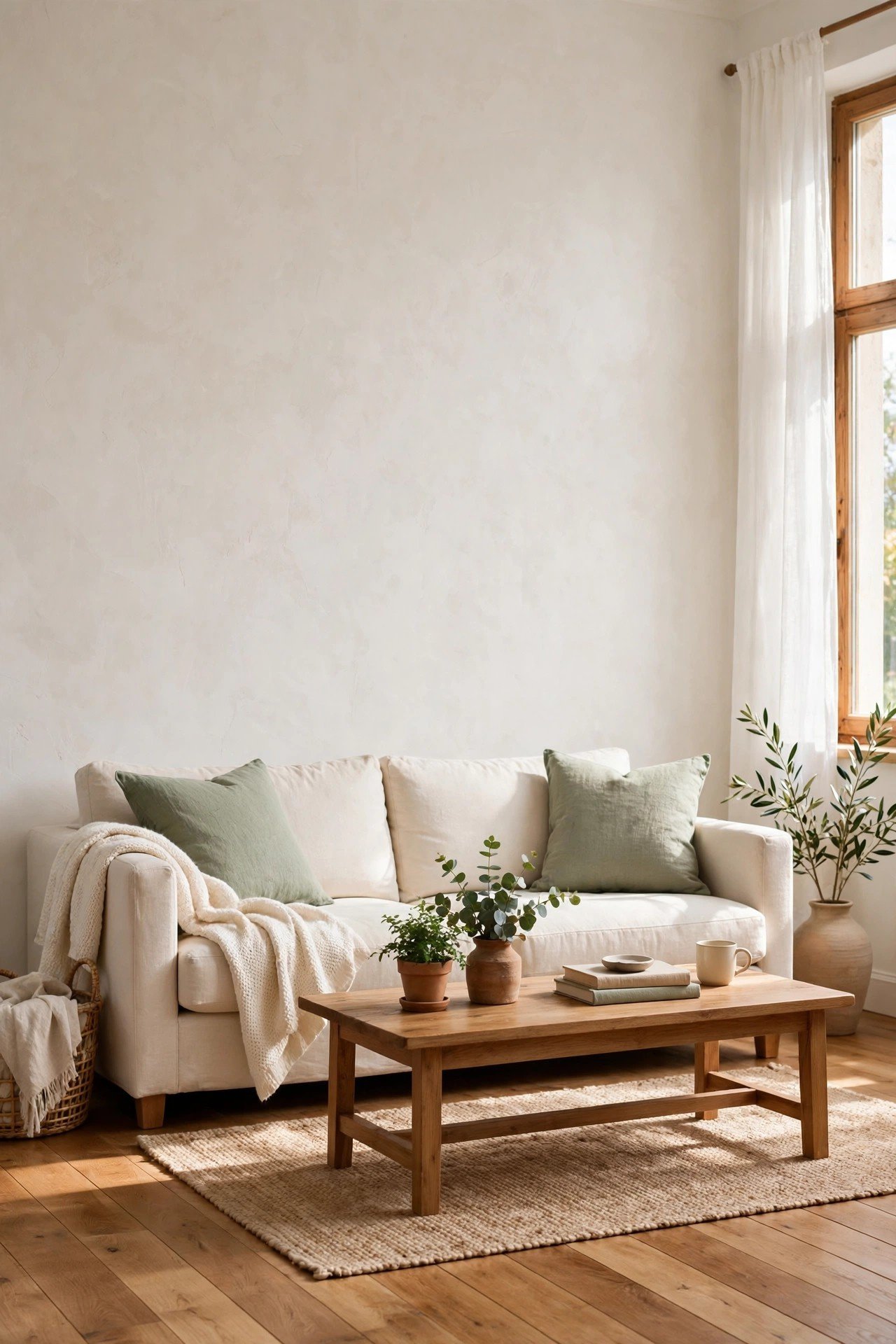Elegant white Venetian plaster wall with subtle texture in a bright minimalist living room