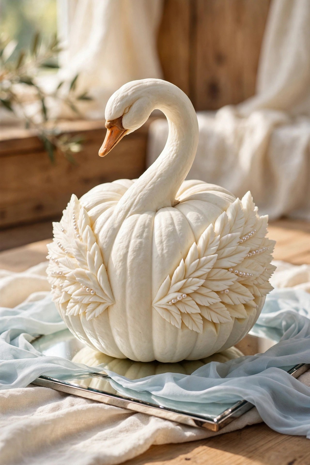 White pumpkin crafted into a graceful swan with curved neck and feathered wings