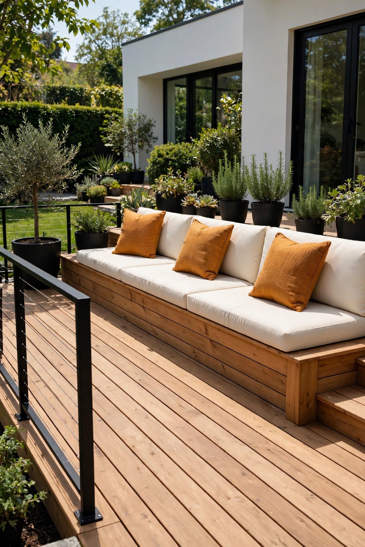 Wooden deck with integrated lounge bench in a modern backyard