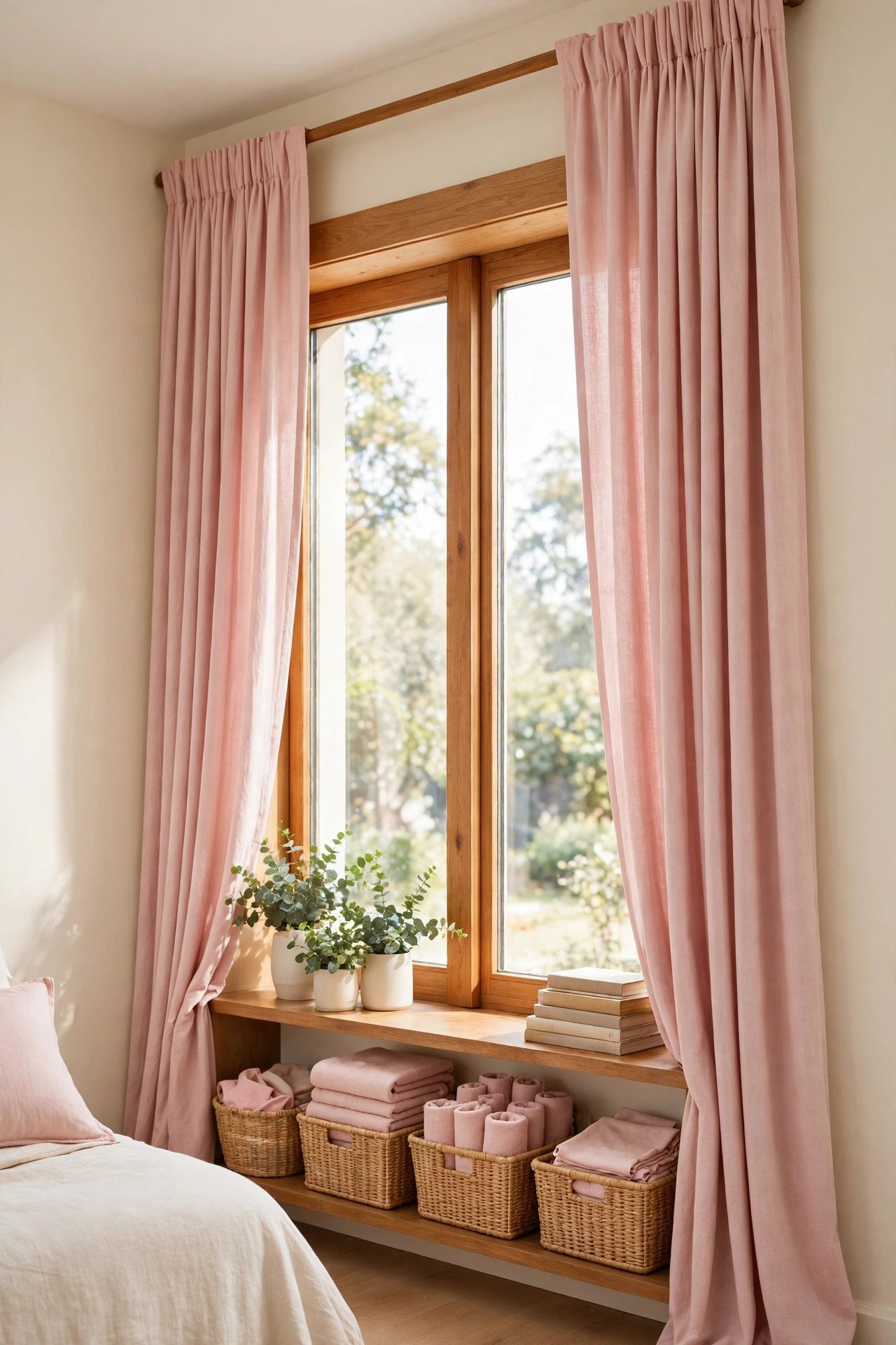 Bedroom window with curtains hung high and wide