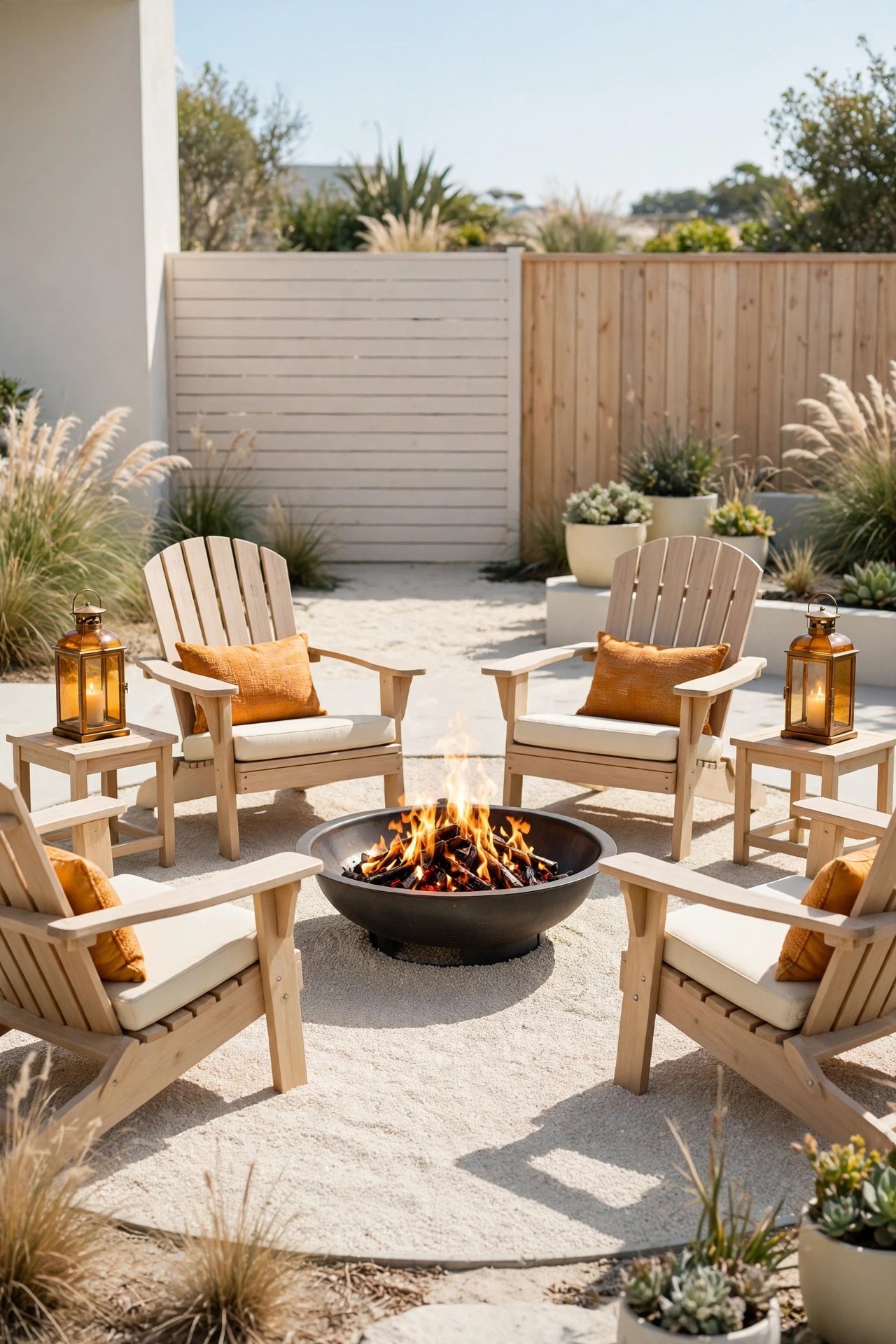 Beachy fire bowl with light wooden chairs and amber lanterns on gravel