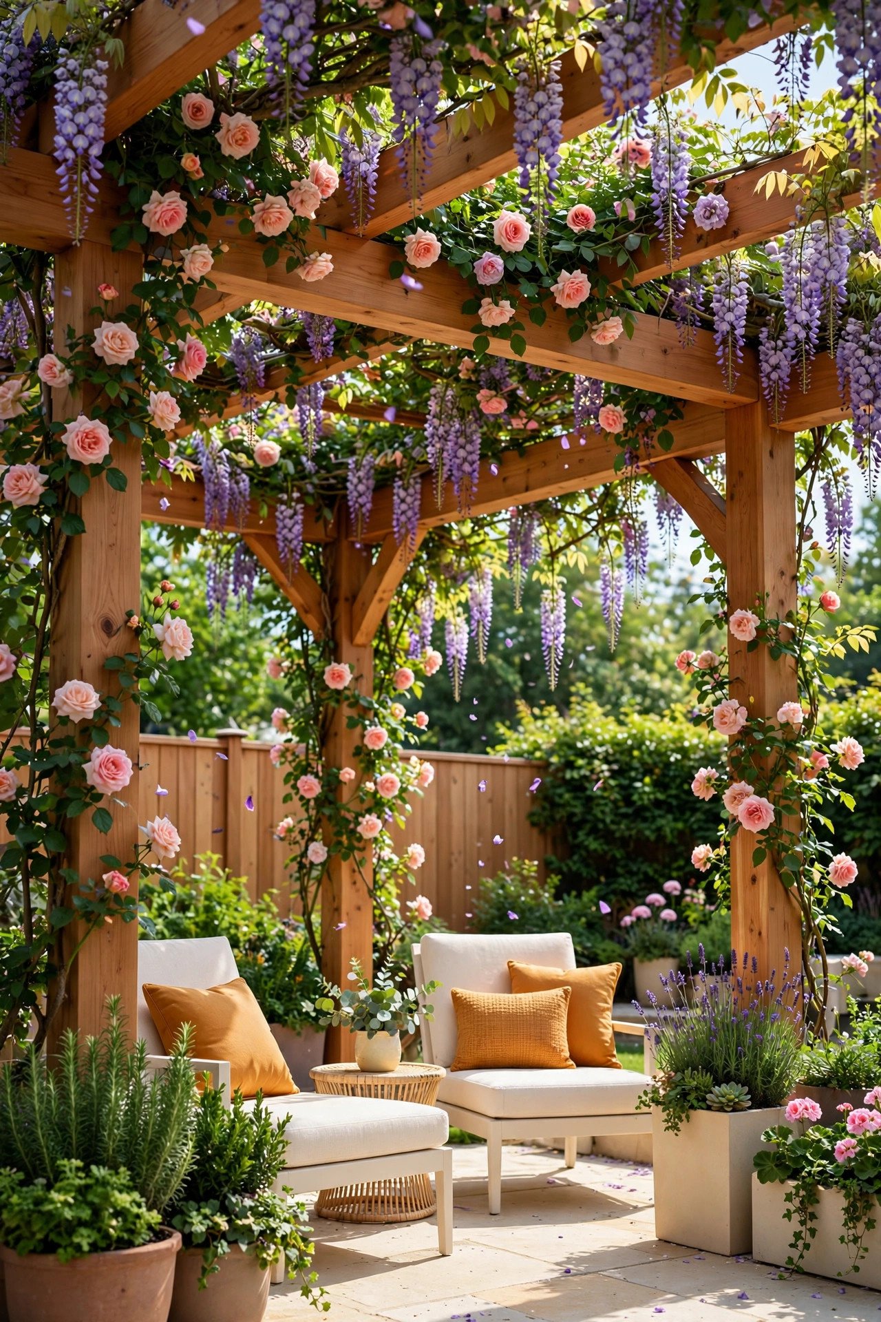 Wooden pergola covered in flowering wisteria and climbing roses