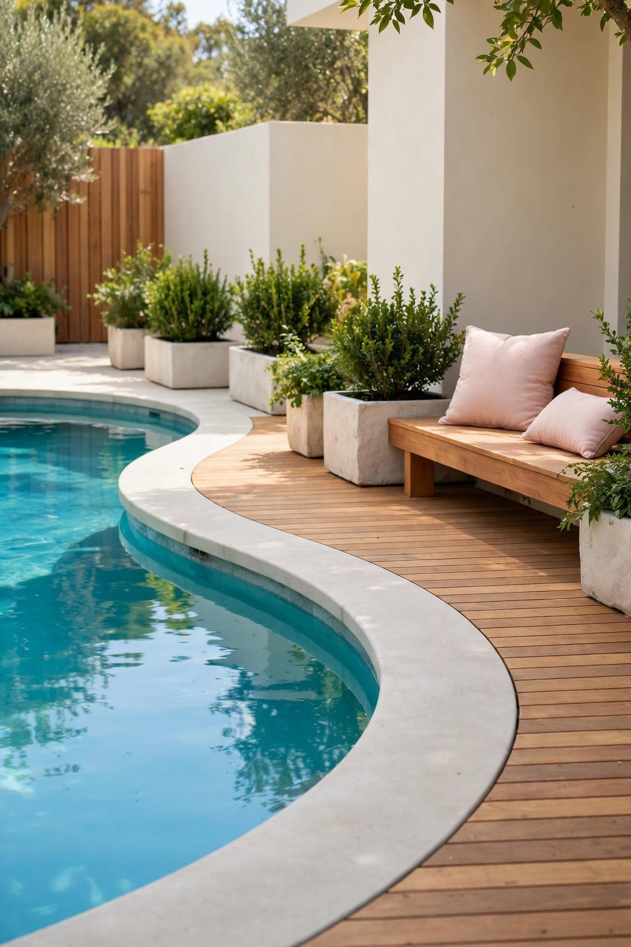 Curved pool deck mixing concrete and wood materials