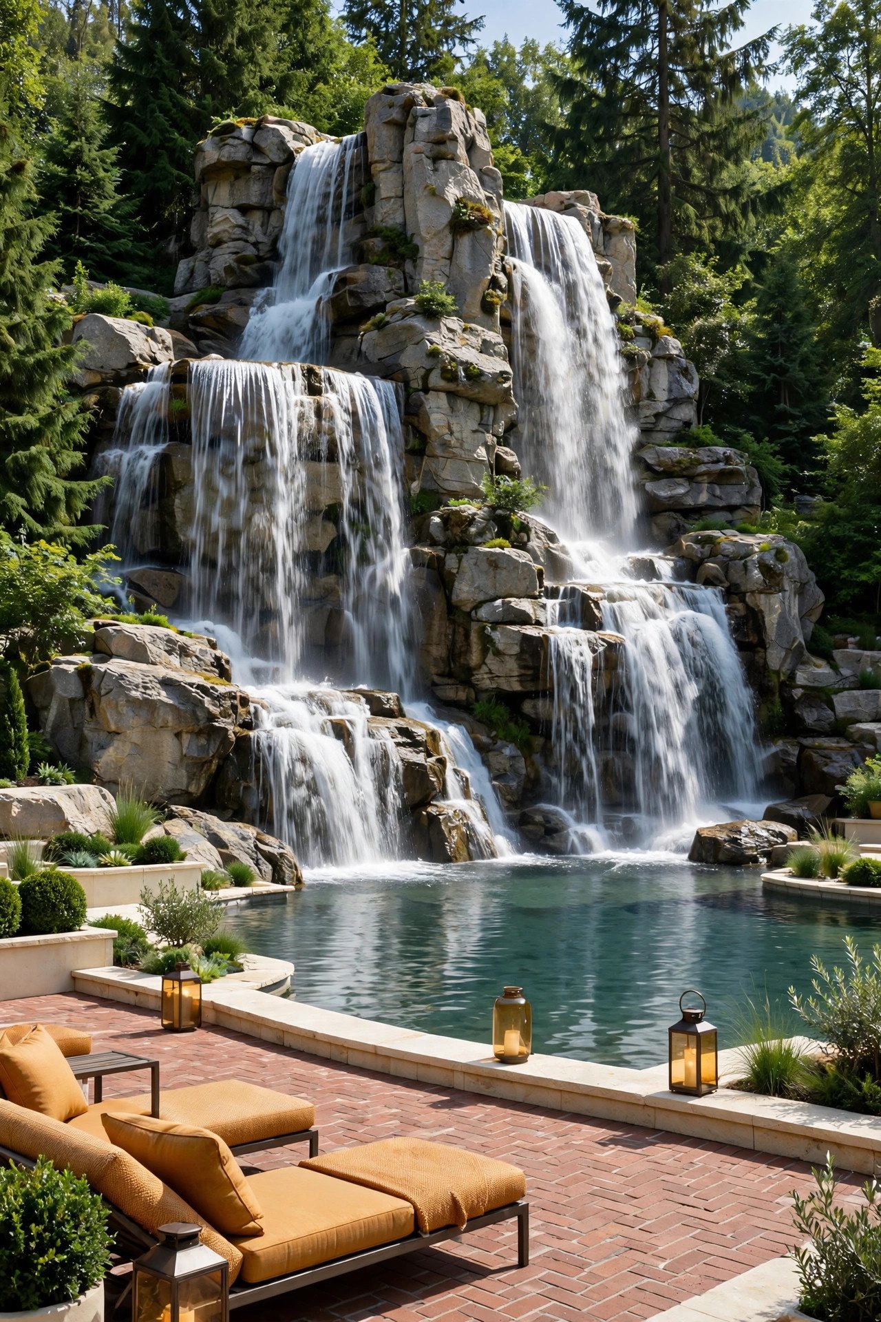 Large rock waterfall flowing into a pond