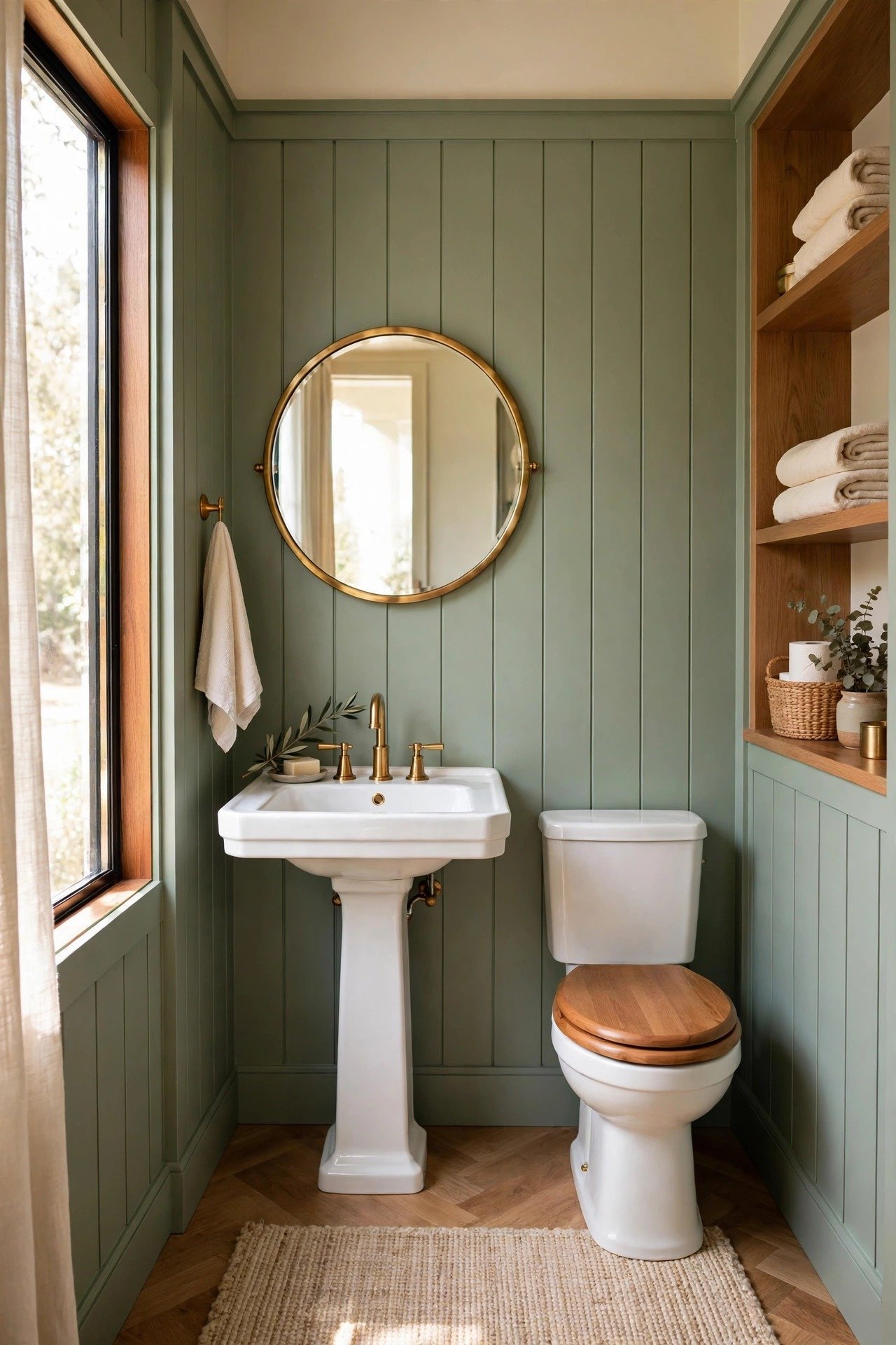 Small powder room with floor-to-ceiling sage green board and batten paneling and a brass mirror
