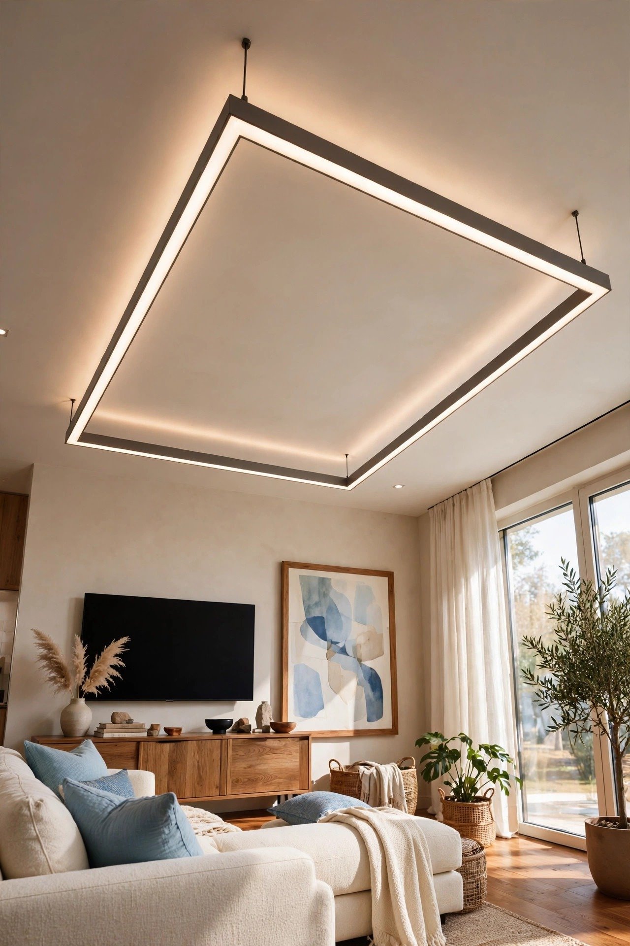 Modern living room with a rectangular floating ceiling frame hanging below the main ceiling, outlined by soft hidden lighting